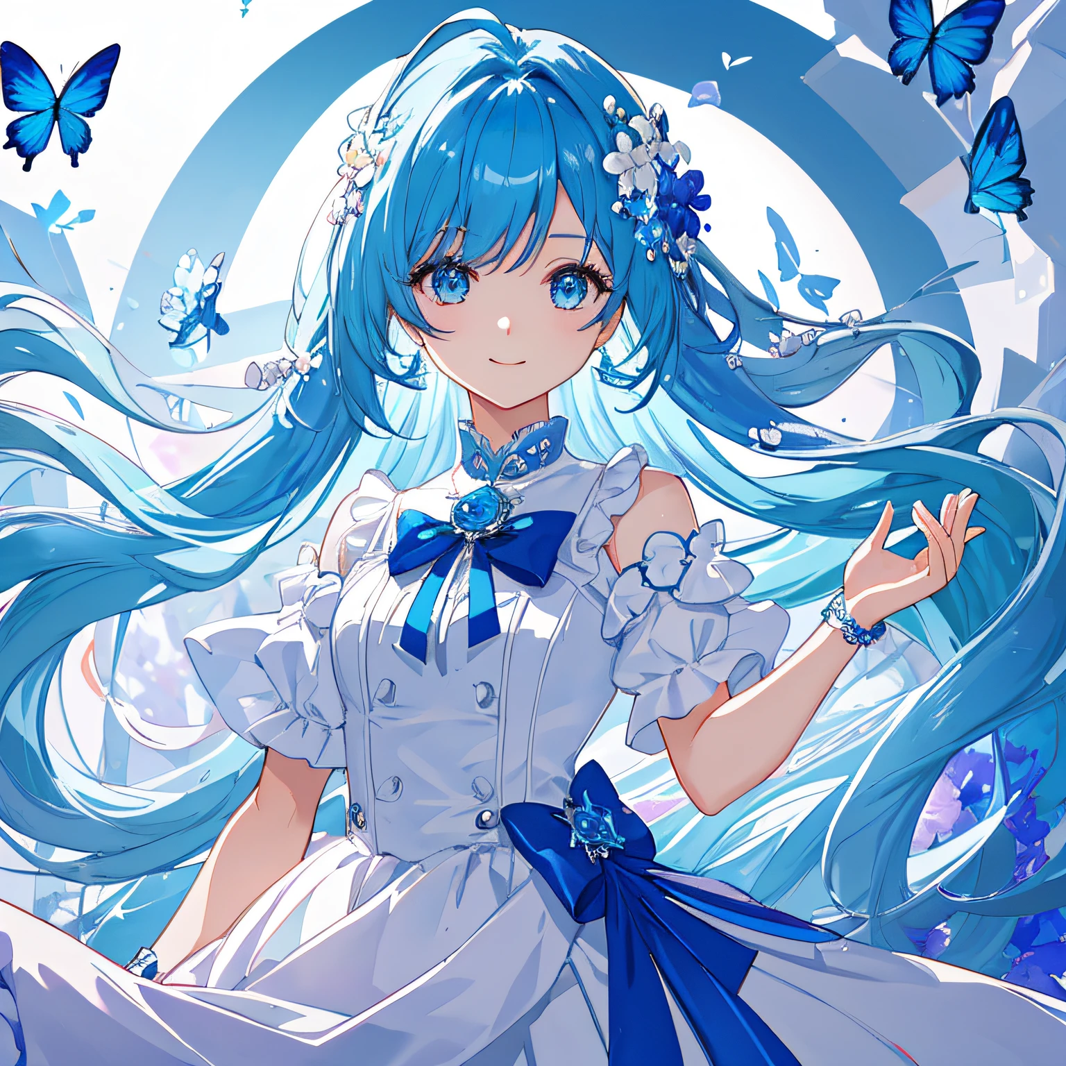 (​masterpiece)、(best qualtiy)、(ultra-detailliert)、(dishevled hair)、(illustratio)、(1 girl in)、(Fashionable clothes)、is standing、fashion modell、see the beholder、(interview)、(simple background)、Fine and beautiful eyes、Delicate beautiful face、Planktonic、(a high chroma)、、Focus on Face、poneyTail、Kamisato colorful flowers、lightblue hair、bangss、hair rings、、The best lighting、Best Shadows、Blue butterfly in the upper left corner of the screen々、ssmile、tchibi、mascot