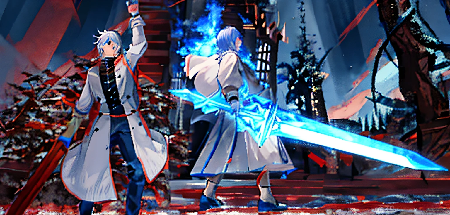 Anime-Charaktere, who are dressed in white robes and hold swords in a dark forest, T-Pose des Zauberers, T-pose of male magic wizard, Zauber-Pose, wielding two magic swords, Ein magisches Schwert schwingen, Einen magischen Stab schwingen, Final Fantasy 14 Stil, Er spricht einen Lichtzauber aus, Eismagier, Mana shoots out of his hands
