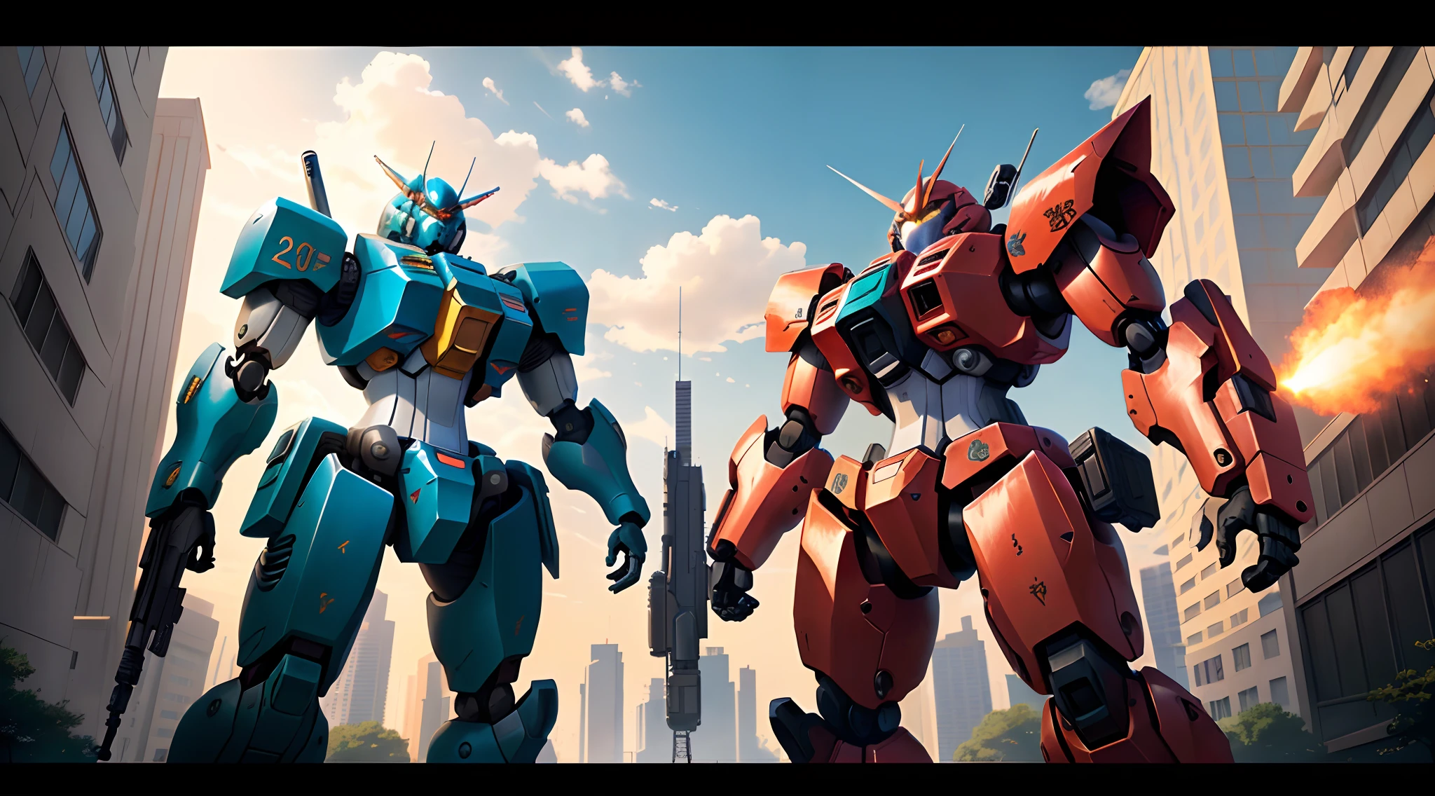 Artwork in anime style,Two robots holding guns in the city, Mobile Suit, modern mecha anime, Best anime 4k konachan wallpaper, gouf mobile suit, soldiers and mech fight, cool mecha style, Badass anime 8 K, mech machines firing bullets, war mechs fighting, anime mecha aesthetic, year 3 0 0 0, year 3000 --auto