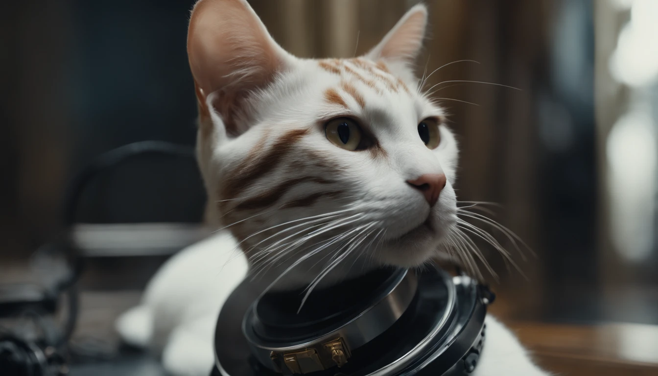 Il y a un chat Bengal avec une coiffe faite de fils, White biomechanical details, Gros plan du film VFX, Beautiful android cat, Suzuki futuriste, Chris Cunningham, HI - Tech Luciferian Synthetic, Fille ukrainienne, connected to Heart Machines, VFX japonais, inspired by Konstantin Savitsky, Louis Royo --AR 16:9 --auto --s2