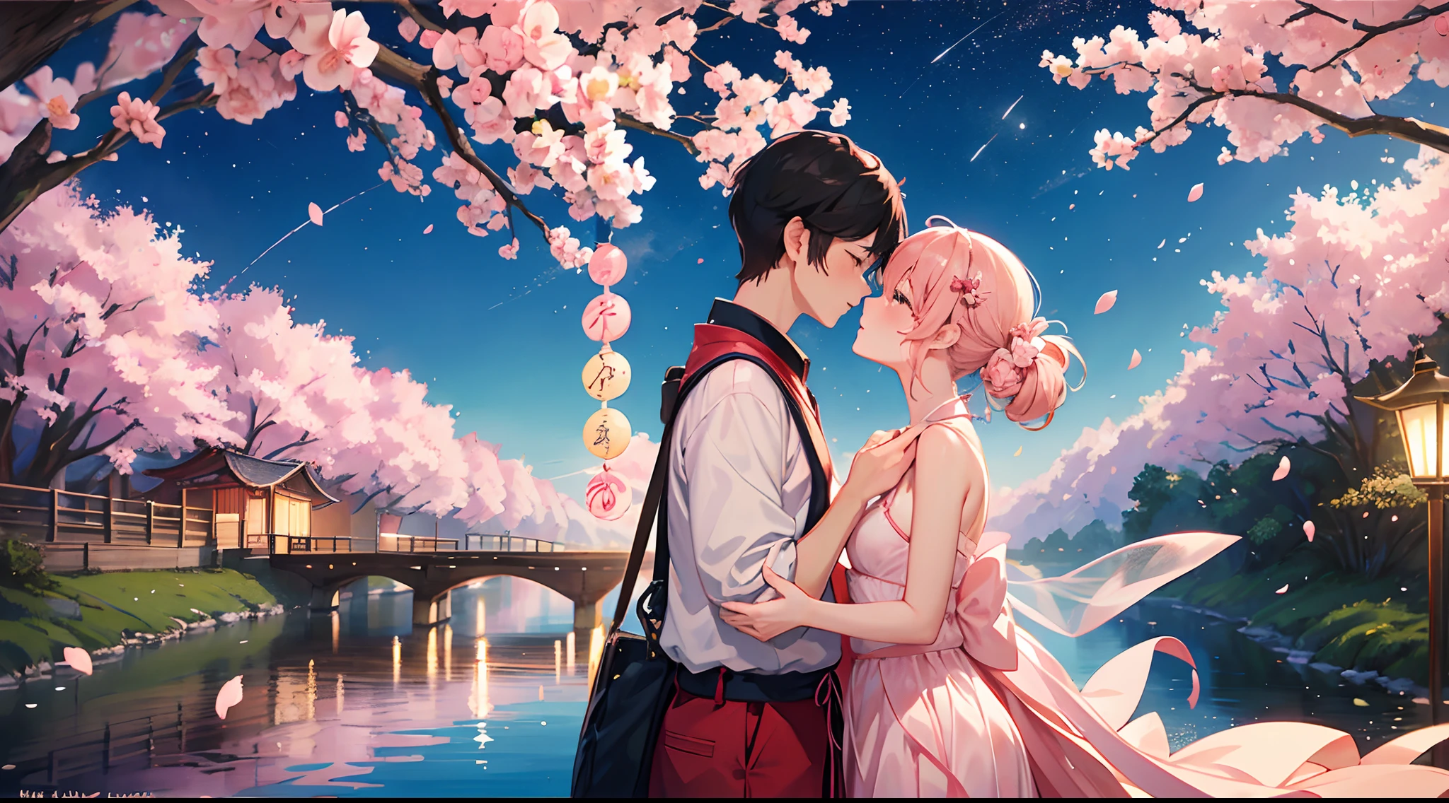 Tanabata Valentine's Day romantic poster,A couple kisses on a wooden bridge,Peach blossoms bloom on both sides of the river,Countless pink petals fell from the sky,Several magpies flew around in the sky,closeup cleavage