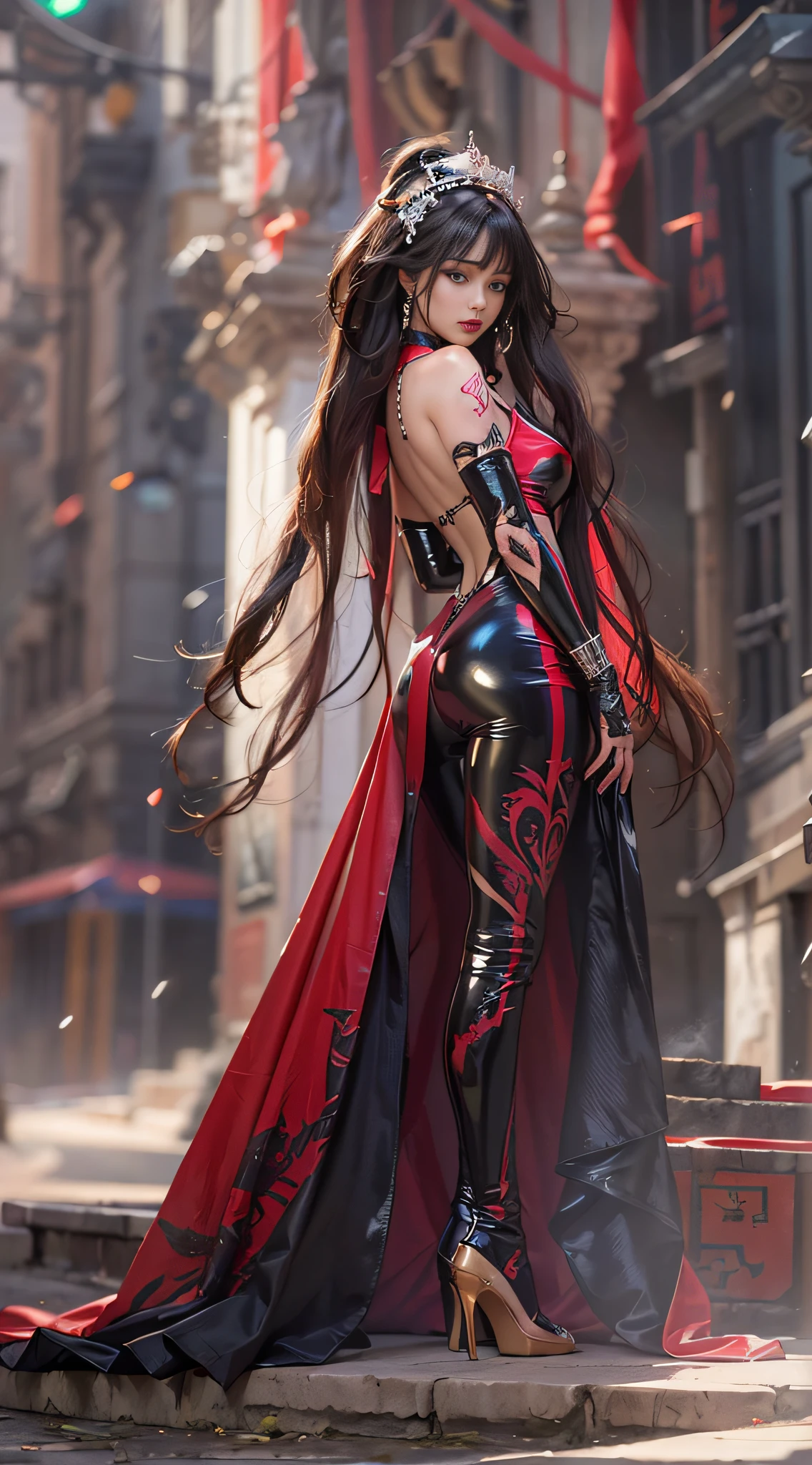 1girl,solo,long hair,Rough skin,from back,face focus,(looking at viewer:1.2),wet hair,dark,polaroid,(depth_of_field:1.5),rainy days,outdoors,street,hair between eyes,moody lighting,Tyndall effect,Cinematic Lighting,night,lamppost,lens flare,available light,rim light,glowing neon lights,curvy,Red silk dress,korea girl,