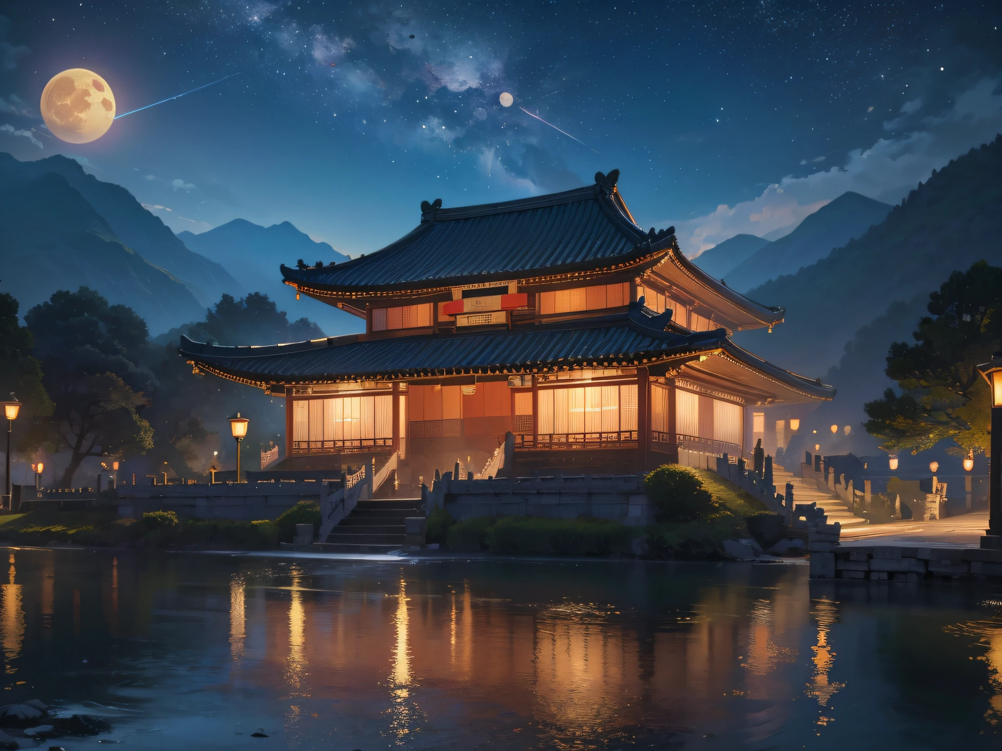 (Best quality,8K:1.2),Ultra-detailed,(Realistic:1.37),(Moon:1.2),A palace of the Tang Dynasty in China,Palace complex,Mountains at night,Kongming Lantern,meteor shower,Heartbreaking beauty,magnificent scale,superior,stunning masterpiece,Detailed description,High definition,bird's eyes view,Overlooking,8K resolution.