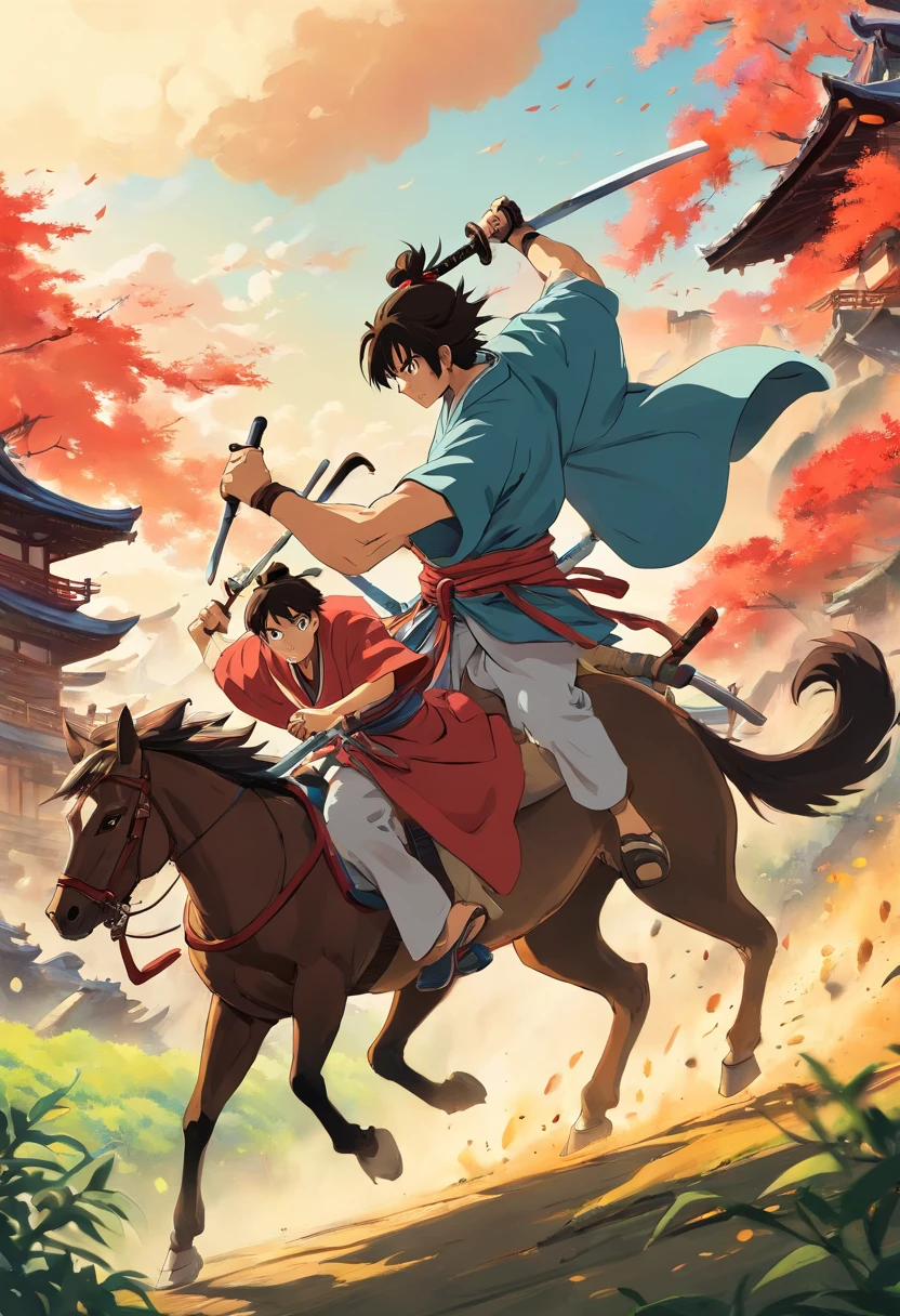 Samurai fights another samurai, horseback,Anime style