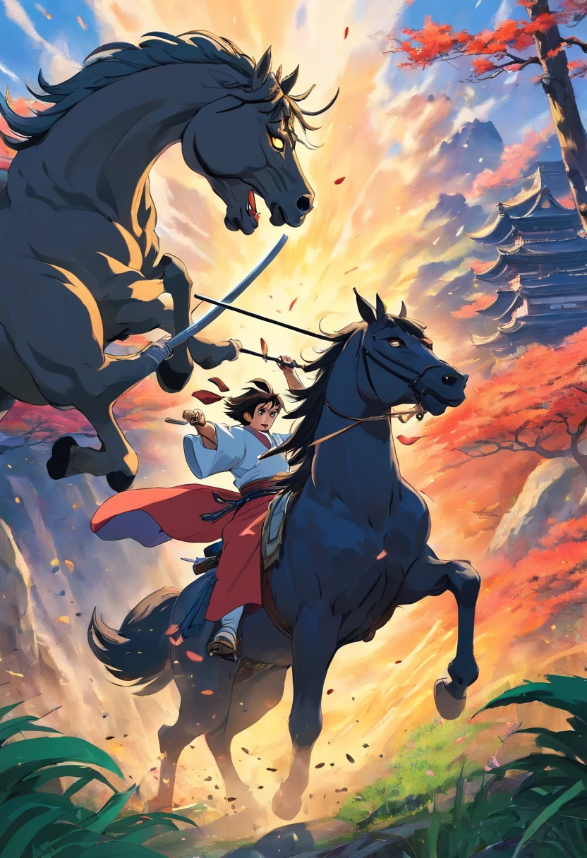 Samurai fights another samurai, horseback,Anime style