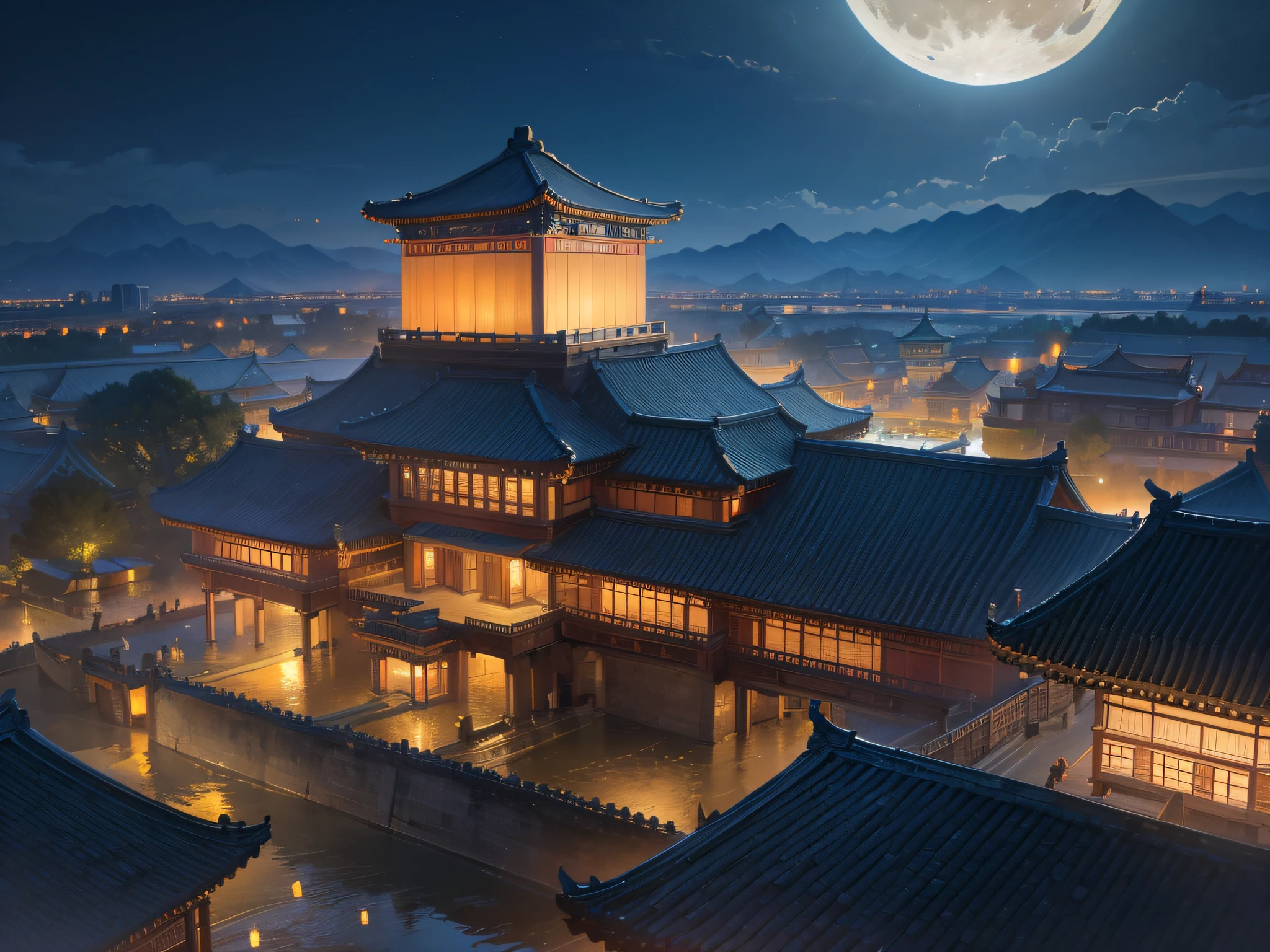 (Best quality,8K:1.2),Ultra-detailed,(Realistic:1.37),(Moon:1.2),A palace of the Tang Dynasty in China,Palace complex,Mountains at night,lamplight,Heartbreaking beauty,magnificent scale,superior,stunning masterpiece,Detailed description,High definition,bird's eyes view,Overlooking,8K resolution.