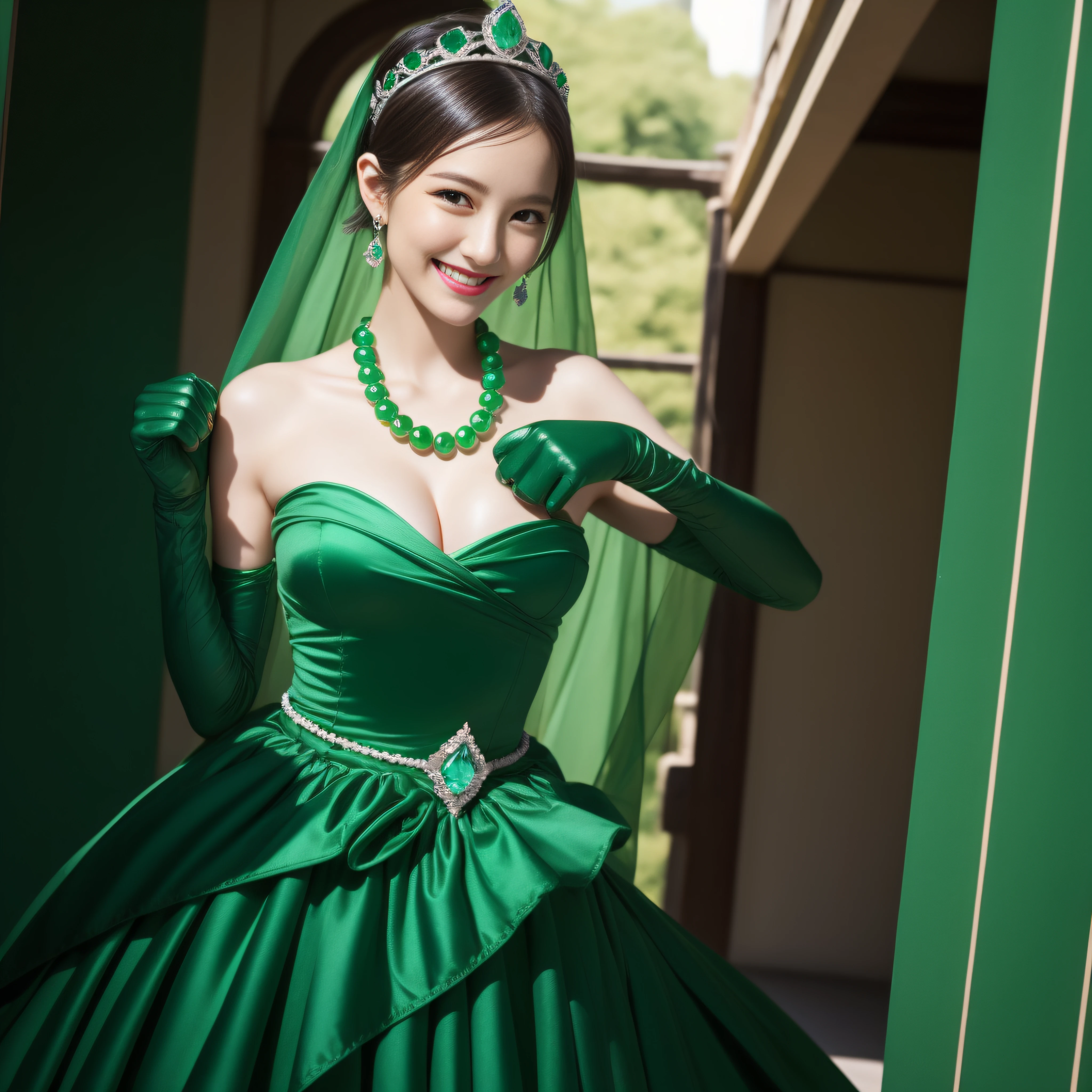 emerald tiara, Green Pearl Necklace, Boyish very short green hair, lipsticks, Japan woman smiling, very short short hair, fist, big breasts beautiful, Green eyes, Long green gloves made of satin material, Green eyes, Emerald Earrings