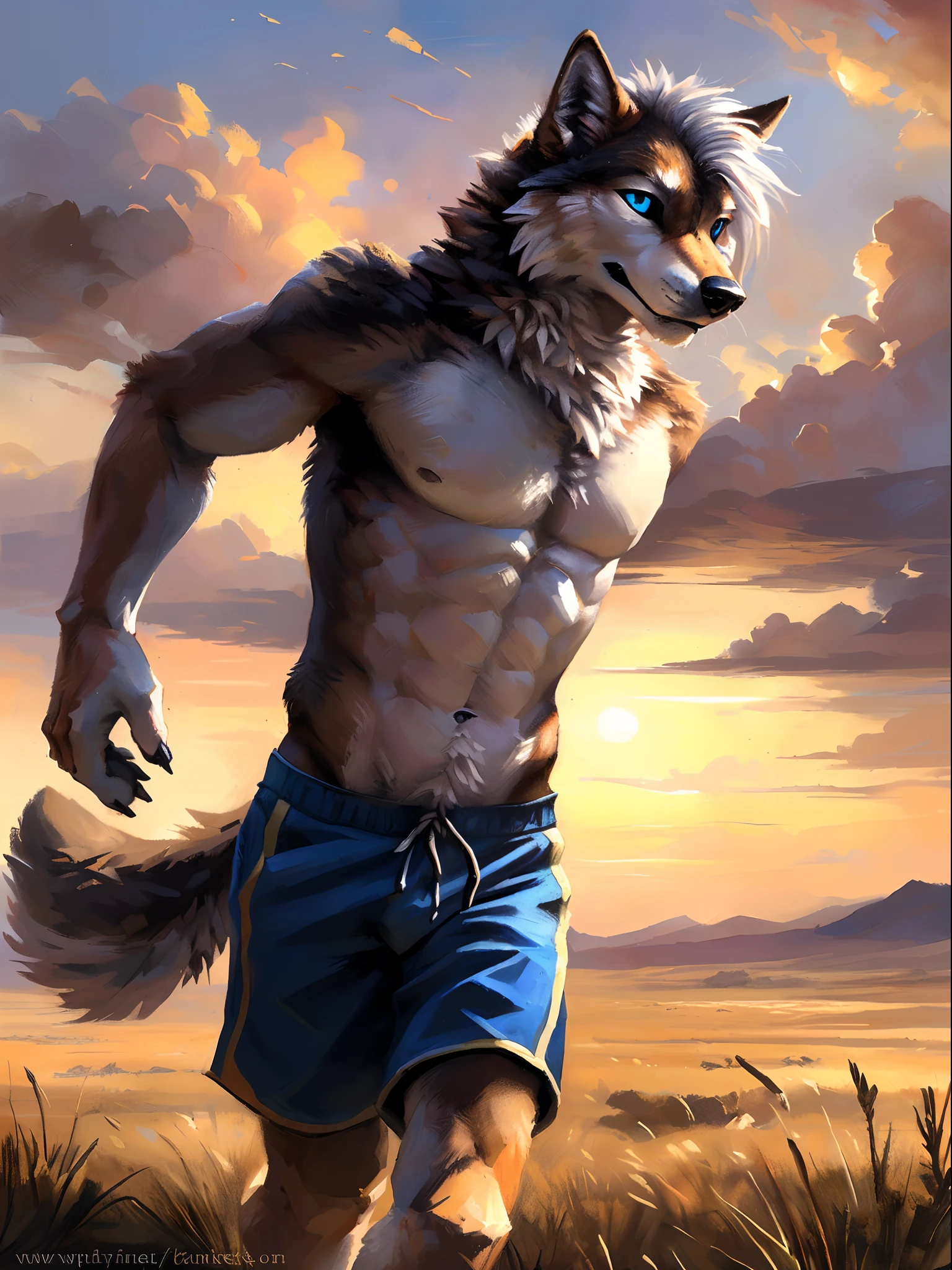 ((Solo)), male people, anthro wolf, (Multi-colored fur, White-brown:1.3), ((Wolf face, White hair, Big eyes, White eyelids, Blue pupil, Slim:1.2) (Tough, Calm expression:1.2)), Abs, Slim, pinging)), (Correct anatomy), (Work shorts:1.1), (Contour bone:1.2), The upper body is naked, (detailed outfits),A big tail,Feet,(Realistic fur, Detailed fur texture, labeled:1.3)), (Natural lighting), Photorealistic, Hyperrealistic, ultradetailed, by Kenket,Endless grasslands,No artificiality,erect through,Running on