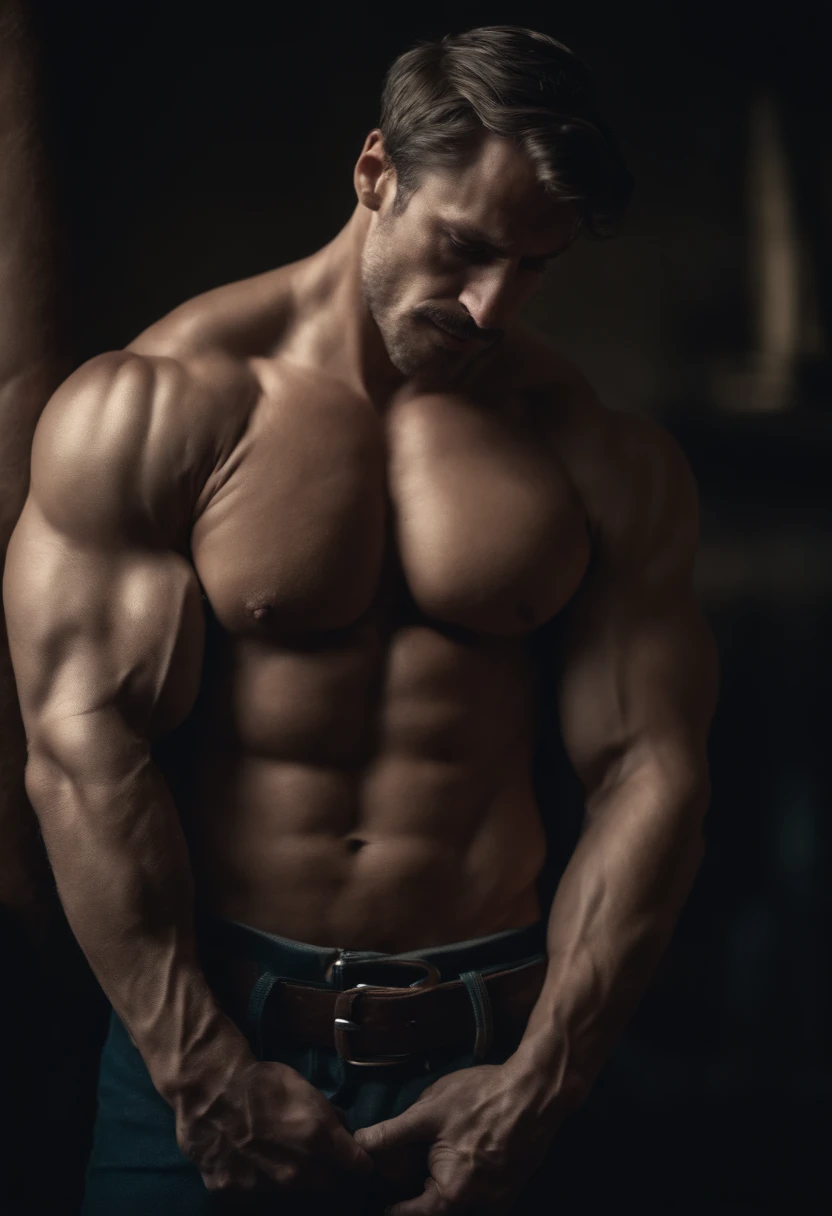 Un desnudo, Muscular Victorian man with huge pectorals and bulging muscles and a gigantic uncircumcised penis