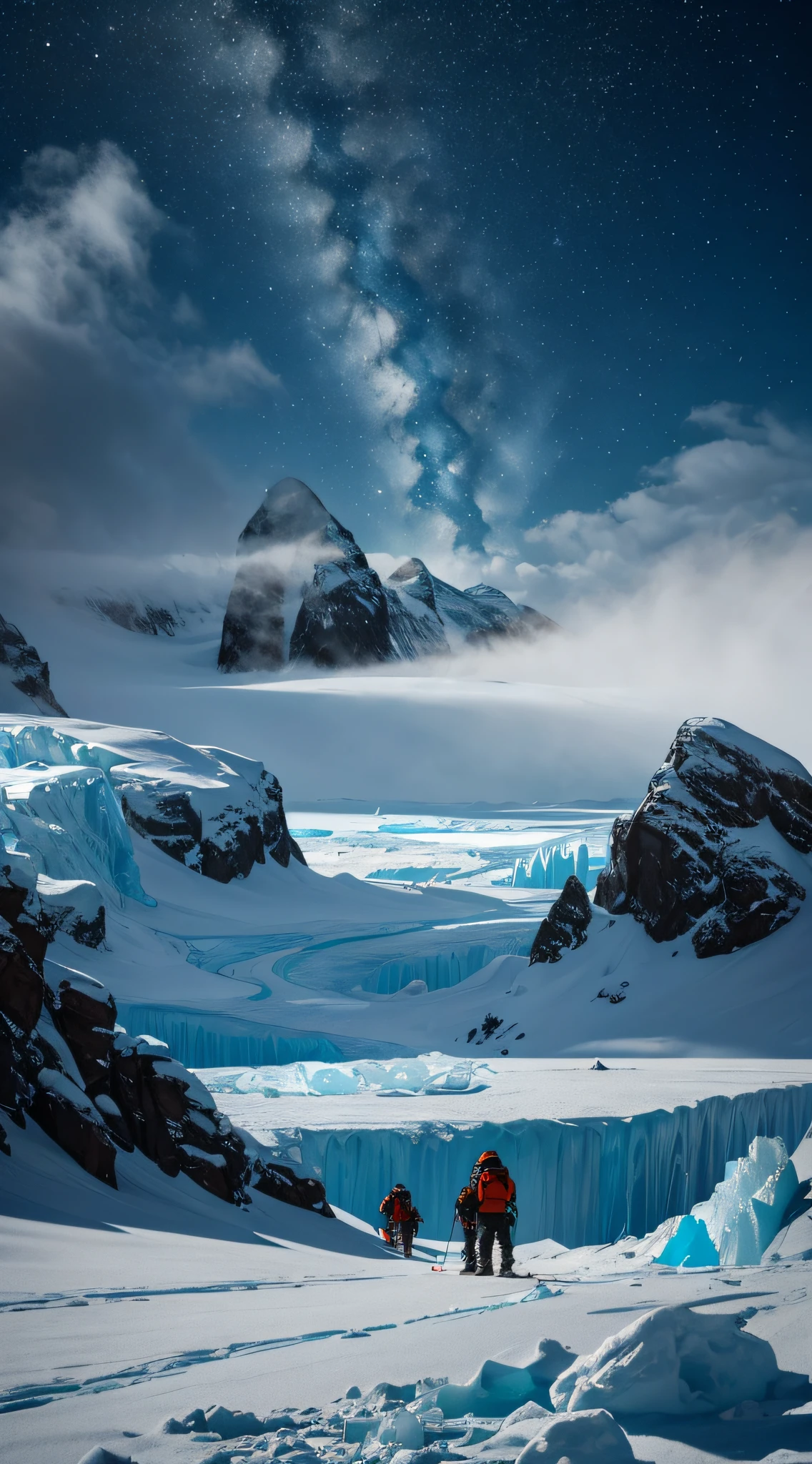 (best quality,4k,8k,highres,masterpiece:1.2),ultra-detailed,(realistic,photorealistic,photo-realistic:1.37),group of explorers attempting to cross the massive ice wall surrounding Antarctica,adventurous expedition,daring mission,tough expedition,extreme weather conditions,icy environment,snow-covered terrain,unforgiving landscape,frozen wilderness,harsh winds and freezing temperatures,mountainous icy peaks,dangerous crevasses and ice formations,challenging and treacherous journey,unexplored and remote location,isolated and desolate scenery,adrenaline-pumping and heart-pounding moments,brave and determined explorers,well-equipped team of adventurers,heavy-duty winter gear and protective clothing,ice picks and climbing equipment,campsite set up on the rugged icy terrain,glowing tents against the snowy backdrop,sturdy sleds and hauling equipment,synchronised movements and effective teamwork,persistent and unwavering spirit,spectacular panoramic view of the frozen expanses,crimson and vibrant sunrise over the vast icy horizon,glistening ice crystals and sparkling snowflakes,beautiful ice formations and towering glaciers,visible breaths and steam rising from the bundled-up explorers,impressive ice wall standing tall and majestic,icy walls reflecting the sunlight,translucent blue hues of the ice formations,deep and mysterious crevasses leading into the heart of the glacier,constant cracking and shifting sounds of the ice,ethereal and otherworldly atmosphere,remote and untouched beauty,adventure,deep frieze,submerging,frozen mass,vivid outdoors,distinctive glow,wintery environment