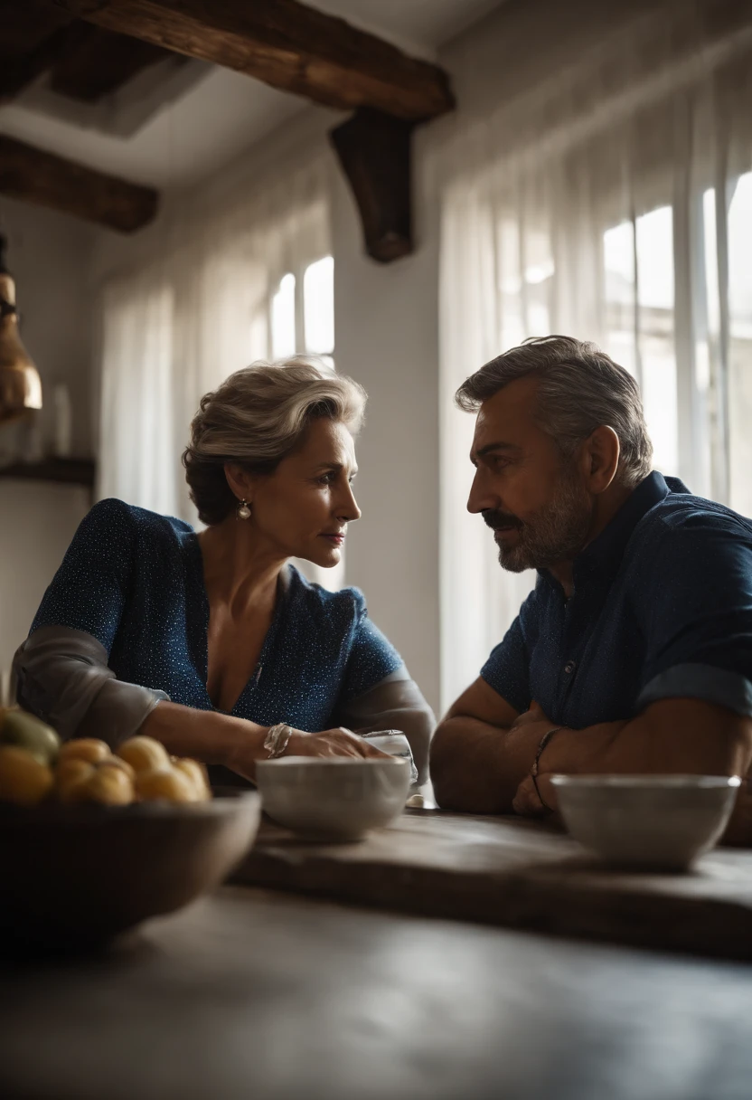 ((melhor qualidade)), ((cinematic light effect)), Retrato de um homem de 45 anos de idade, branco com cabelos grisalhos vestindo uma camisa social azul marinho, is sitting at the table facing a woman, com idade de 39 anos, cabelos e olhos castanhos e vestindo uma blusa de frio amarela, The woman is saying something serious to the guy who keeps looking into her eyes and paying attention. The room is a kitchen lit by the afternoon sun that comes from the window on the left.