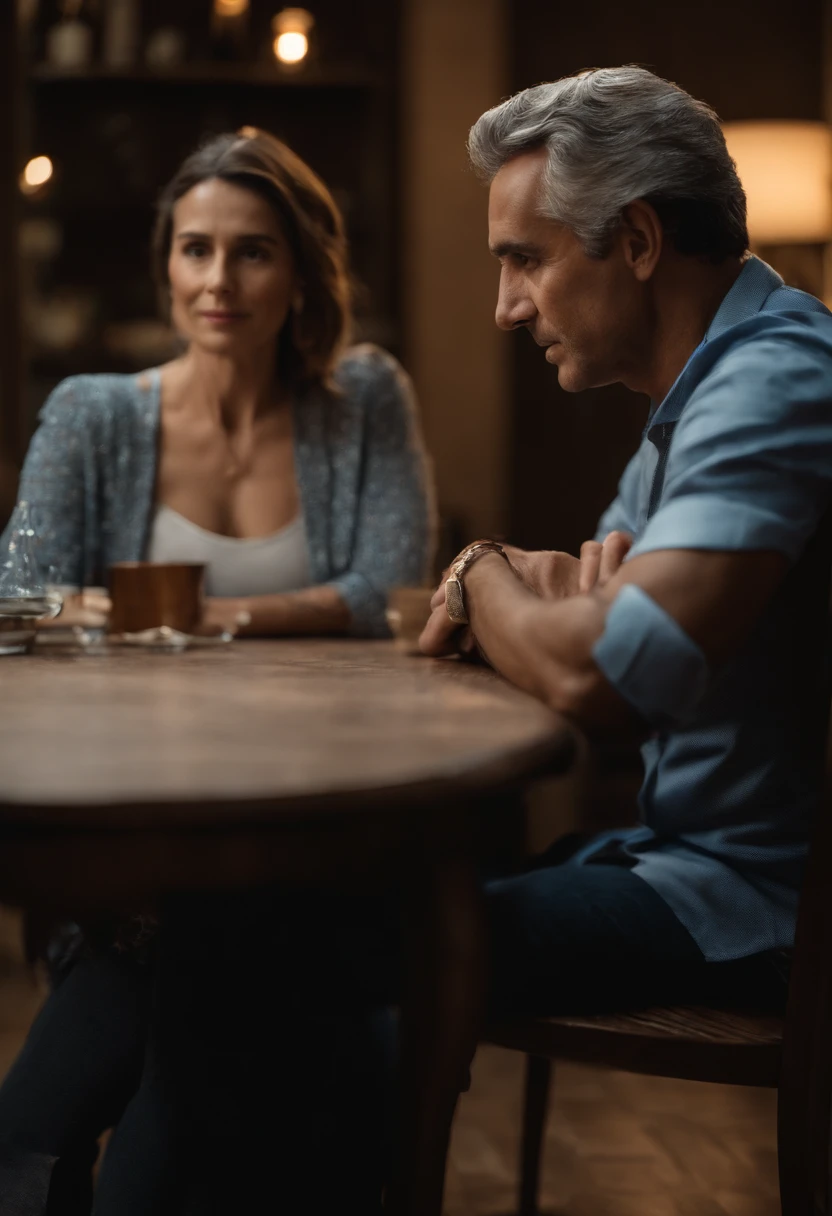 the best photo, the most realistic ,Clareza 4K, red-haired woman, shoulder length red hair ,age 25 ,White cotton shirt ,short jeans .a mulher esta mandando beijo com a mão para o naughty man que esta sentado tomando uma cerveja . naughty man , aged 50, fatter ,gray hair, with small gray beard , wearing a light blue dress shirt, black boot, and bage pants.