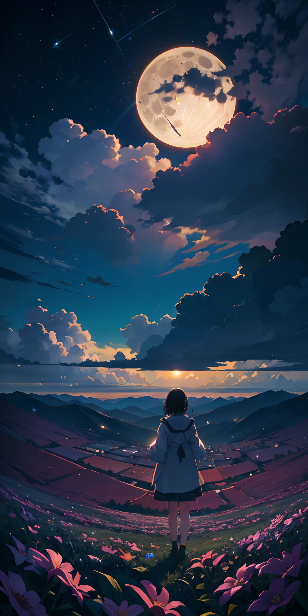 Vast landscape photo, (viewed from below, the sky is above and the open field is below), a girl standing on a flower field looking up, (full moon: 1.2), (meteor: 0.9), (nebula: 1.3), distant mountains , Trees BREAK Crafting Art, (Warm Light: 1.2), (Fireflies: 1.2), Lights, Lots of Purple and Orange, Intricate Details, Volumetric Lighting, Realism BREAK (Masterpiece: 1.2), (Best Quality), 4k, Ultra-Detailed, (Dynamic Composition: 1.4), Very Detailed, Colorful Details, (Rainbow Colors: 1.2), (Glow Lighting, Atmospheric Lighting), Dreamy, Magical, (Solo: 1.2)