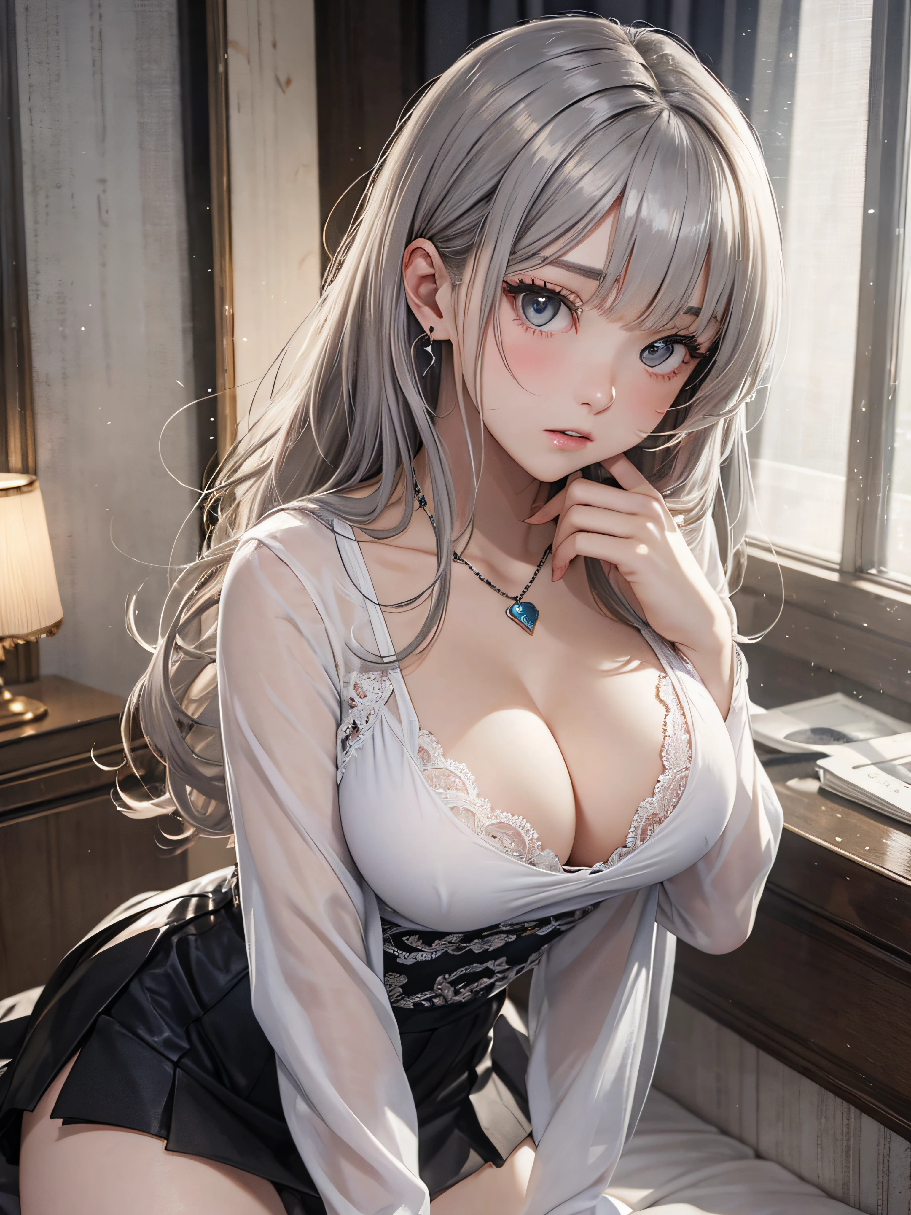 photorealisim、top-quality、超A high resolution、a picture、Exquisitely beautiful photos of Scandinavian-born women、Extraordinary beauty、Highlights of cheek luster、perfectbody、Biologically accurate、Detailed cute and beautiful face、(pureerosface_v1:0.008)、Beautiful bangs、Glowing white shiny skin、Bangs between the eyes、shiny and beautiful hair、Silky hair、finer hair、High-definition eyes、Beautiful, Bright and clear, Big eyes shine charmingly、eye liner、Double eyelids、Full body like、dismay、red blush、embarrassed from、glares、 shiny little necklace and earrings, shiny lips: 1.4,  humiliated、impatience、dismay、（Frightened:1.8）、glares、Soft ???????、cleavage of the ??????、hiding ????? with hands、hide ?????? with hands、lift up one's skirt、red blush、embarrassed from、I see ?????????、Open knees、open one's legs、???????????? behavior、Disheveled clothes、Dressing、White blouses、Stockings、Wearing sweat、Neat and clean woman,22 years old, 1 persons、（Dark blue suit: 1.8),（tight skirts:1.8）、???????????? behavior、?????? excitement、a large amount of white mucus、Wavy Hair, bangs flowing diagonally, Medium Hair,、a blond、White-silver hair、Brown hair、Blue-gray eyes、 In the hotel in the middle of the night, Sit on the bed、