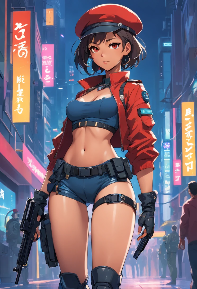 art by katsuya terada, art by range murata, art by akiman, art by JUNNY, Full body shot portrait of cute slender Young Japanese hit girl, Battle Scars, Realistic skin texture, Few moderate moles, wearing a suit, hold a gun, Red Circle nightclub in San Diego, Red and blue cinematic lighting, highly detailed, ray tracing, digital painting, concept art, smooth, sharp focus, illustration, 8k