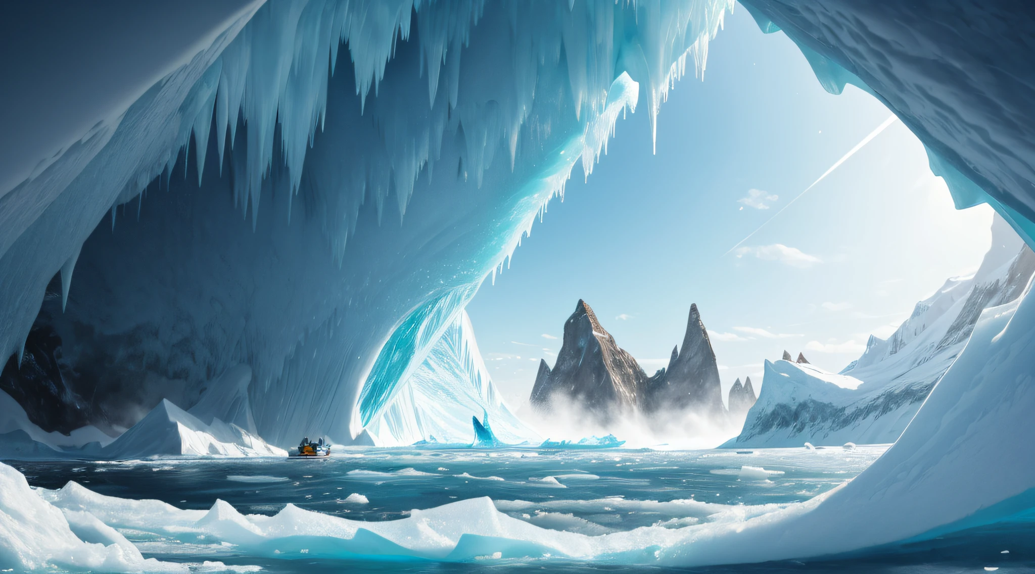 Illustrate the moment when explorers first breach the ice wall and discover a hidden continent.