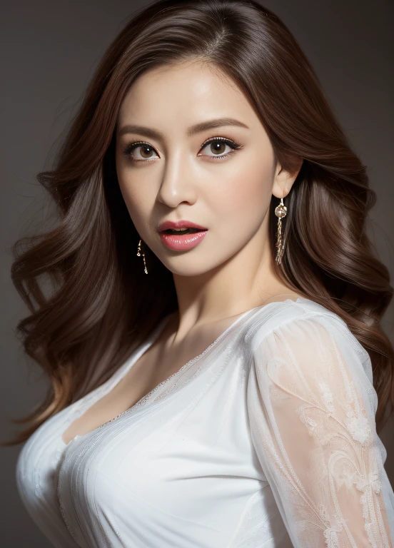 masterpiece,best quality, (one milf), ((portrait:1.5)), ((look down, looking at the viewer)), makeup, elegant blouse, wavy hair, ((open mouth)),