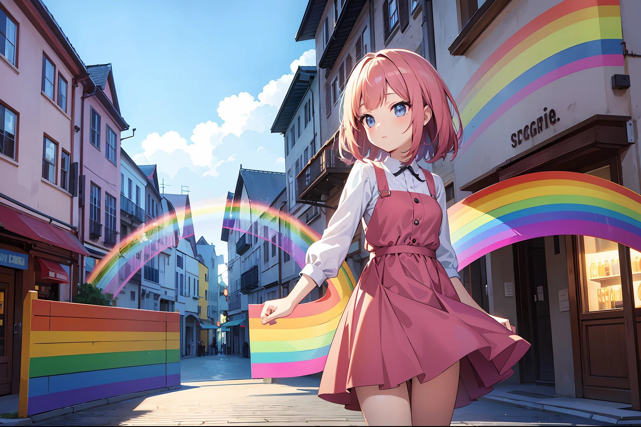 An anime girl in a rainbow dress in the middle of an old town square