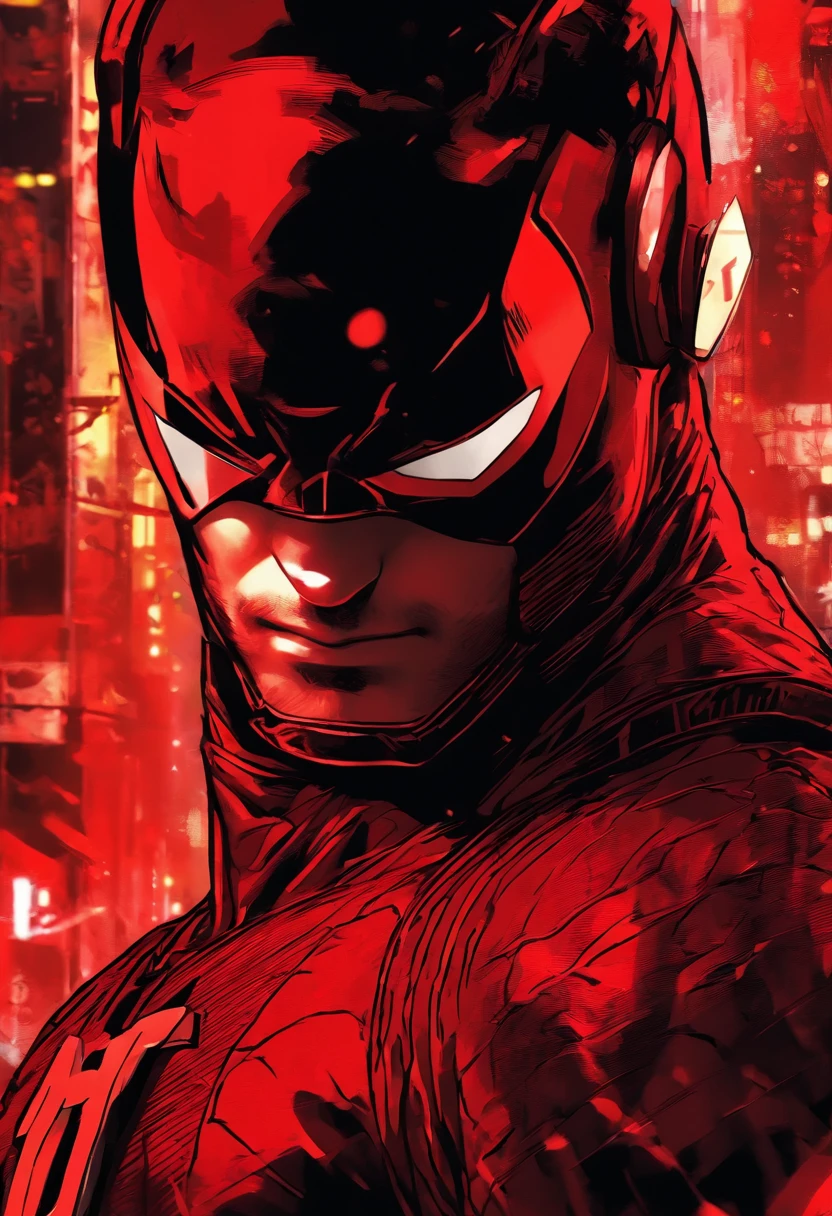 Daredevil as a ager in a red combat suit, avec de petites lignes rouges et des yeux rouges, un masque demi-rouge, and a hint of smirking, with two small horns protruding from the top of the head. Version anime , anime poster