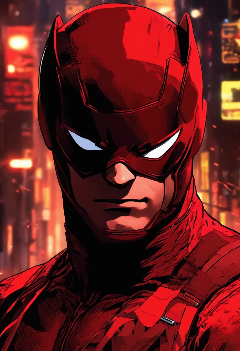 Daredevil as a teenager in a red combat suit, avec de petites lignes rouges et des yeux rouges, un masque demi-rouge, and a hint of smirking, with two small horns protruding from the top of the head. Version anime , anime poster