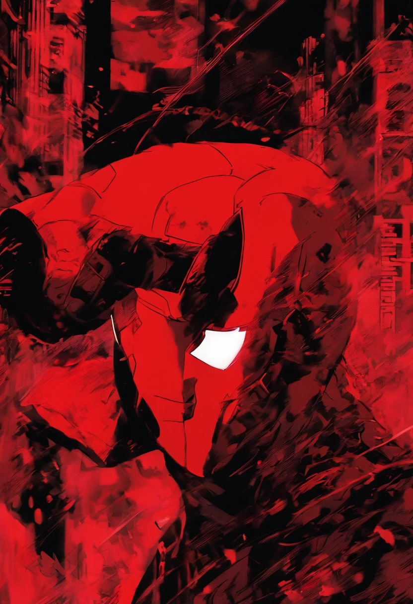 Daredevil as a teenager in a red combat suit, avec de petites lignes rouges et des yeux rouges, un masque demi-rouge, and a hint of smirking, with two small horns protruding from the top of the head. Version anime , anime poster