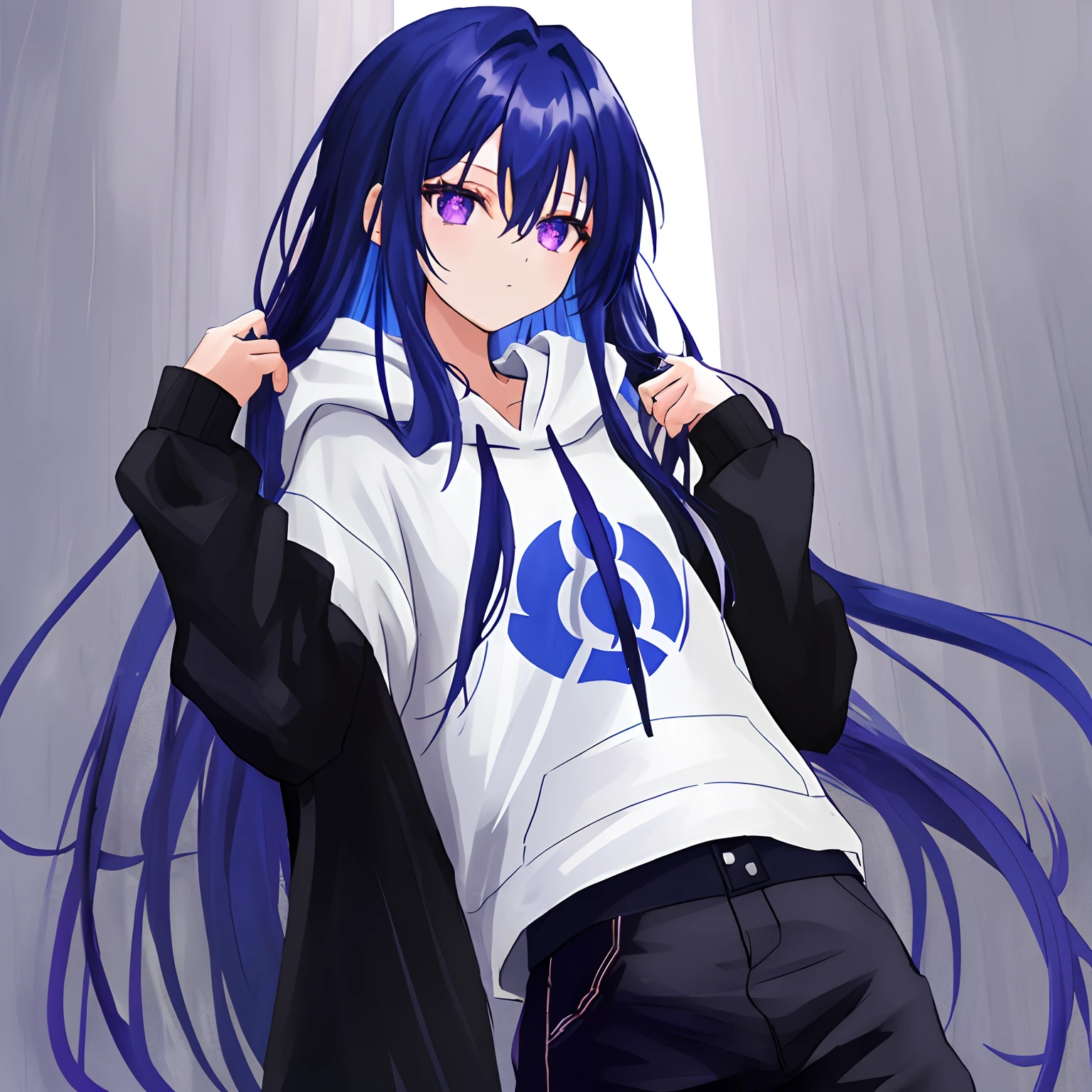 A girl with long blue hair and dark purple eyes and black pupils, wearing a black oversized hoodie and oversized dark blue pants