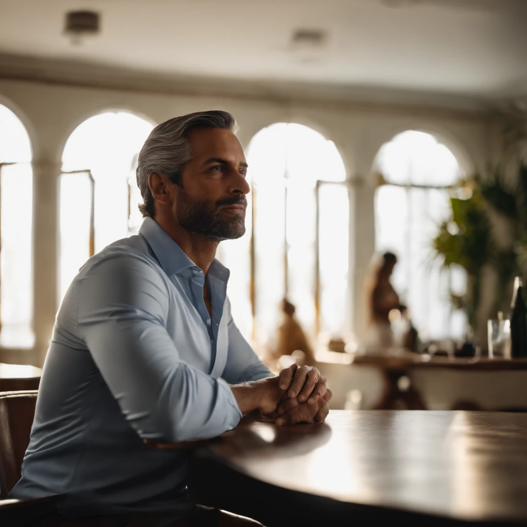 ((melhor qualidade)), ((cinematic light effect)), Retrato de um homem de 45 anos de idade, branco com cabelos grisalhos vestindo uma camisa social azul marinho, is sitting at the table facing a woman, com idade de 39 anos, cabelos e olhos castanhos e vestindo uma blusa de frio amarela, The woman is saying something serious to the guy who keeps looking into her eyes and paying attention. The room is a kitchen lit by the afternoon sun that comes from the window on the left.