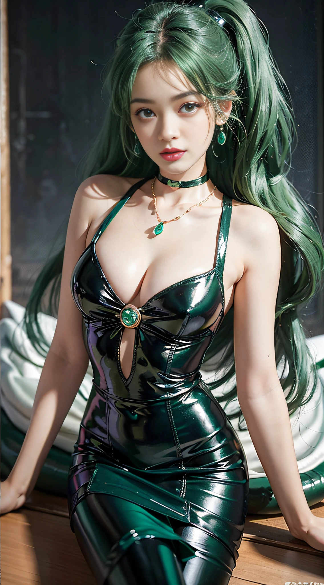 ((masterpiece:1.4)、(top-quality:1.4)、(reallistic:1.7))、masuter piece:1.4、a beauty girl、(sailormoon:1.4)、Sexy female combat suit sticking to body、(latex shiny)、(Cool white sleeveless sailor suit design)、(Green Sexy Super Ultra Ultra Mini Skirt)、(Wearing white gloves)、Kawaii Girl、Super beauty、foco nítido、Portrait photos、(Full body shooting:1.4)、beautiful countenance、beautidful eyes、Narrow waist、(green colored hair:1.4)、poneyTail、Raw photo、red-lips、Green high heels:1.4、a choker:1.4、a necklace:1.4、耳Nipple Ring:1.4、1 screen display、Outdoor landscape