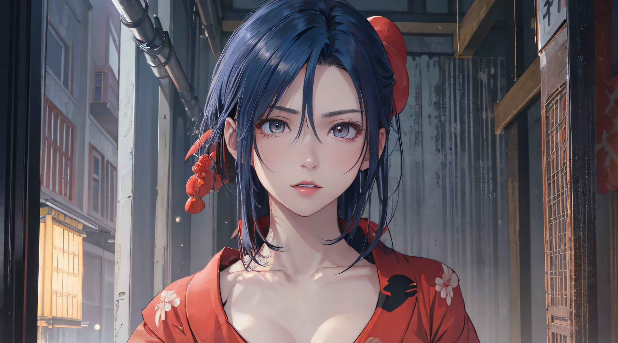 Sareme、((Incredibly beautiful villain woman in red kimono:1.3))、((NSFW))、Asymmetrical ultra-short hair,、cleavage of the breast、a matural female、Very boyish and cool、sky blue hair,Red inner hair、Bedroom with cyberpunk night view、Great lighting、Small eyes、Black eyes、D-Cup Peak、serious facial expression