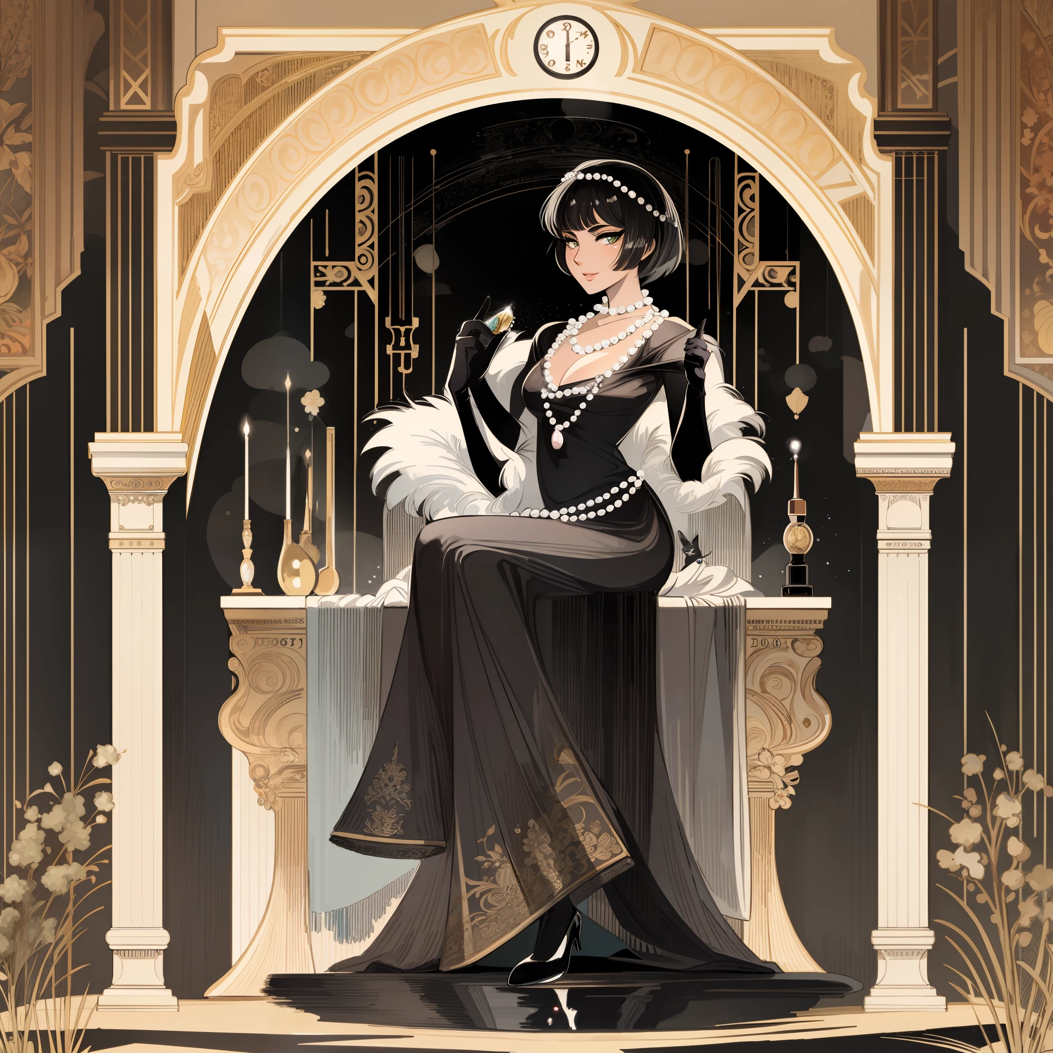 vector art, arafed black cat sitting on a pedestal with a pearl necklace, elegant cat, 1920s advert, 1960s advertisement, luxury advertisement, magazine advertisement, 1960s perfume bottle ads,