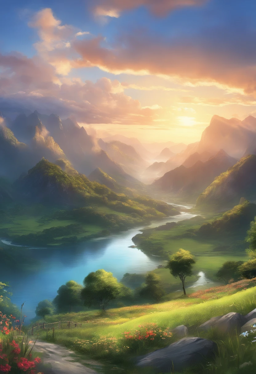 ((Anime Landscape Wallpaper: 1.2, width 672, Beautiful UHD 4K art: 0.8), (Anime Village Landscape, The Nature of Anime, the anime), Anime Cloud, landscape artwork, Epic landscape), (anime art style, Detailed landscape, Beautiful fluffy clouds: 1.2, Landscape background), well lit, Bright picture (field, Painting depicting mountains and rivers, Anime theme), )