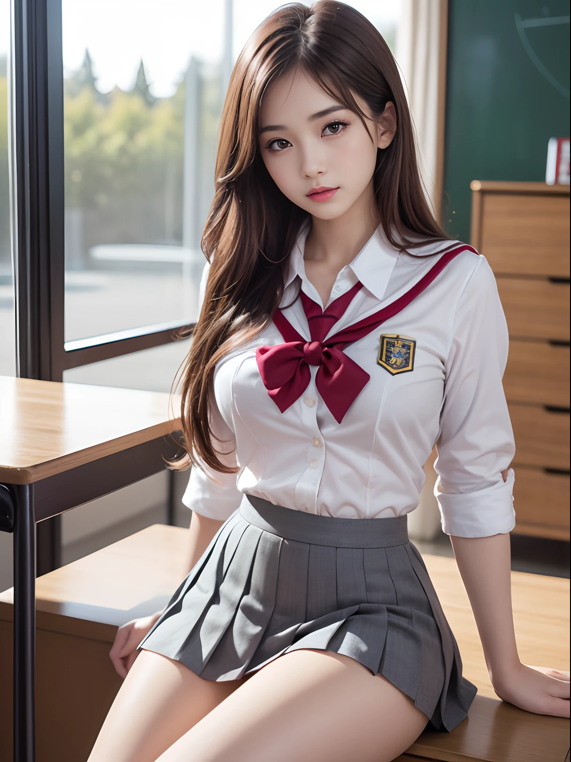 (1ung girls), (extremely detailed beautiful face), Amazing face and eyes, (Best Quality:1.4), (Ultra-detailed), (extremely detailed CG unified 8k wallpaper), Highly detailed, High-definition raw color photos, Professional Photography, Realistic portrait, Amazing face and eyes, Pink eyes, (High School Uniform, Pleated mini-skirt:1.3), (Clothes with wide open chests:1.4), Twin-tailed, Brown hair, Model, (((Bokeh))), depth of fields, School, crass room, Sitting, ((pantiy, Cameltoe)),