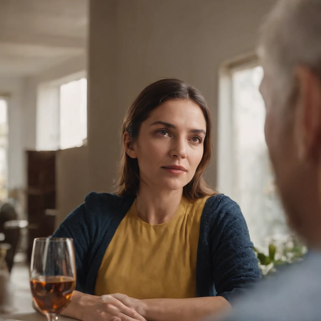 ((melhor qualidade)), ((cinematic light effect)), Retrato de um homem de 45 anos de idade, branco com cabelos grisalhos vestindo uma camisa social azul marinho, is sitting at the table facing a woman, com idade de 39 anos, cabelos e olhos castanhos e vestindo uma blusa de frio amarela, The woman is saying something serious to the guy who keeps looking into her eyes and paying attention. The room is a kitchen lit by the afternoon sun that comes from the window on the left.