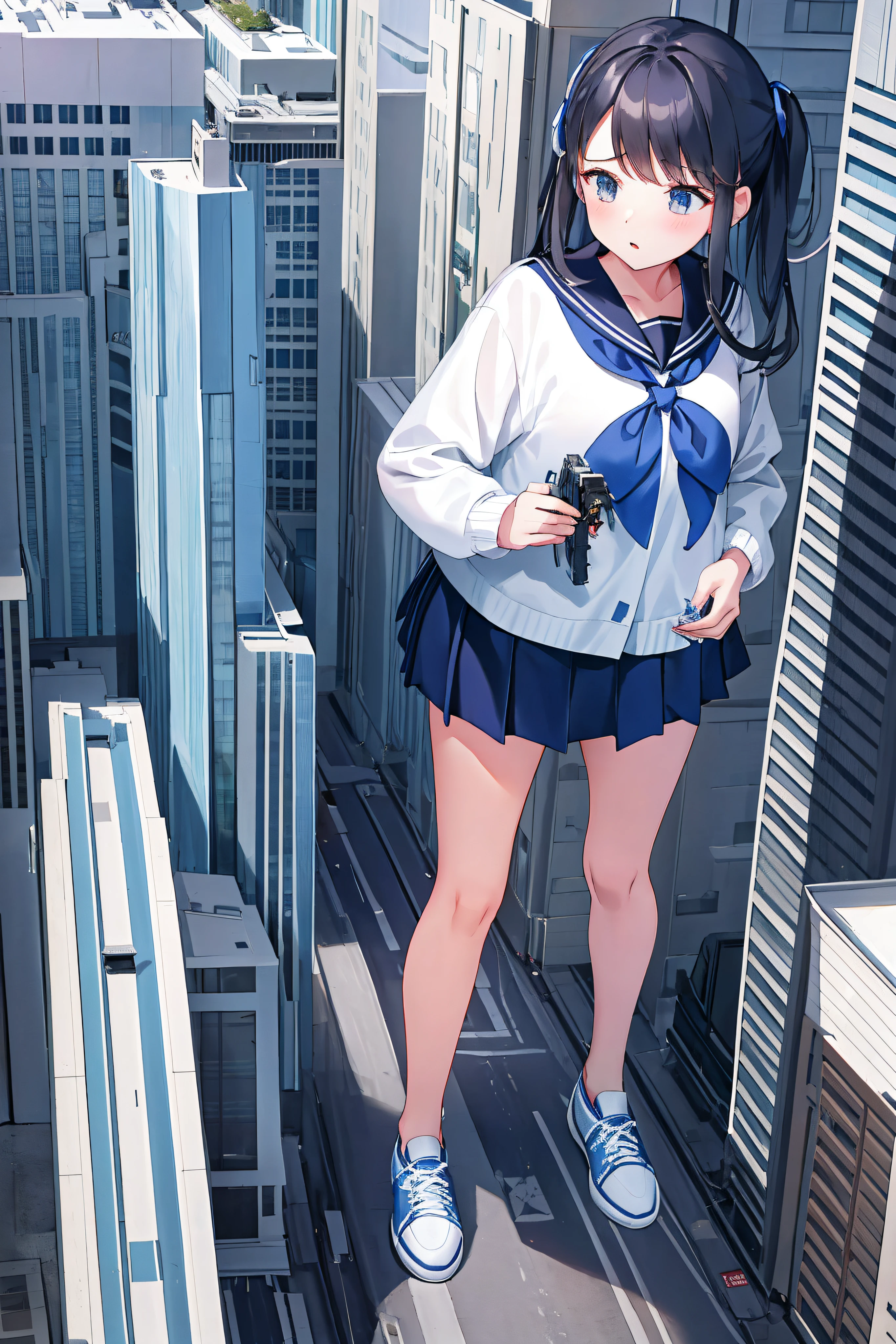 Huge maiden wearing sneakers，A girl taller than a building，a sailor suit，short  skirt,The girl held out her hand，In the palm of your hand is a small model toy airplane，