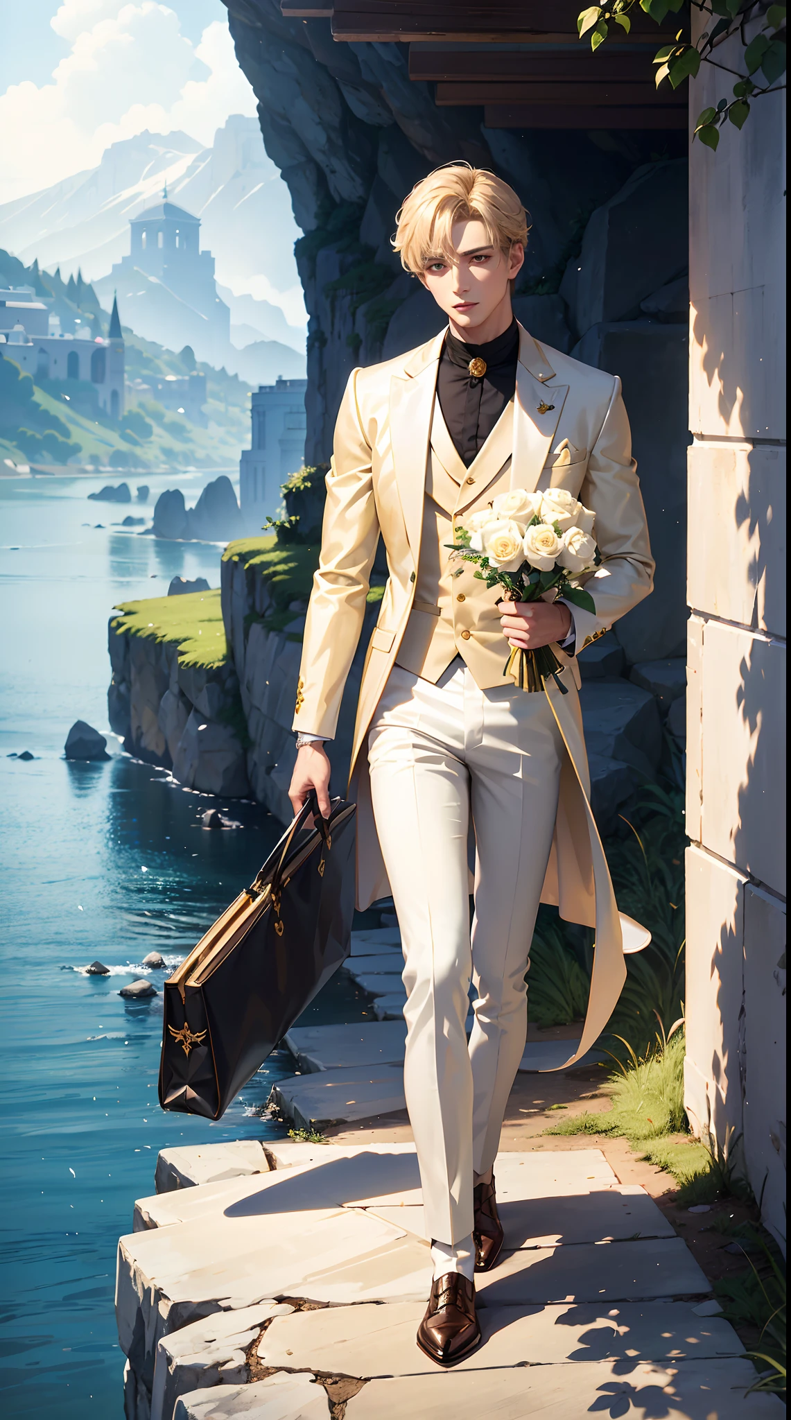 (Detailed pubic hair,tmasterpiece)1 man in fancy clothes,Handsome men,with short golden hair,White rose in one hand,Holding a cloth bag in the other hand,Yellow leather boots,He walked confidently on the edge of the cliff,There is a white dog next to him,Midday light,