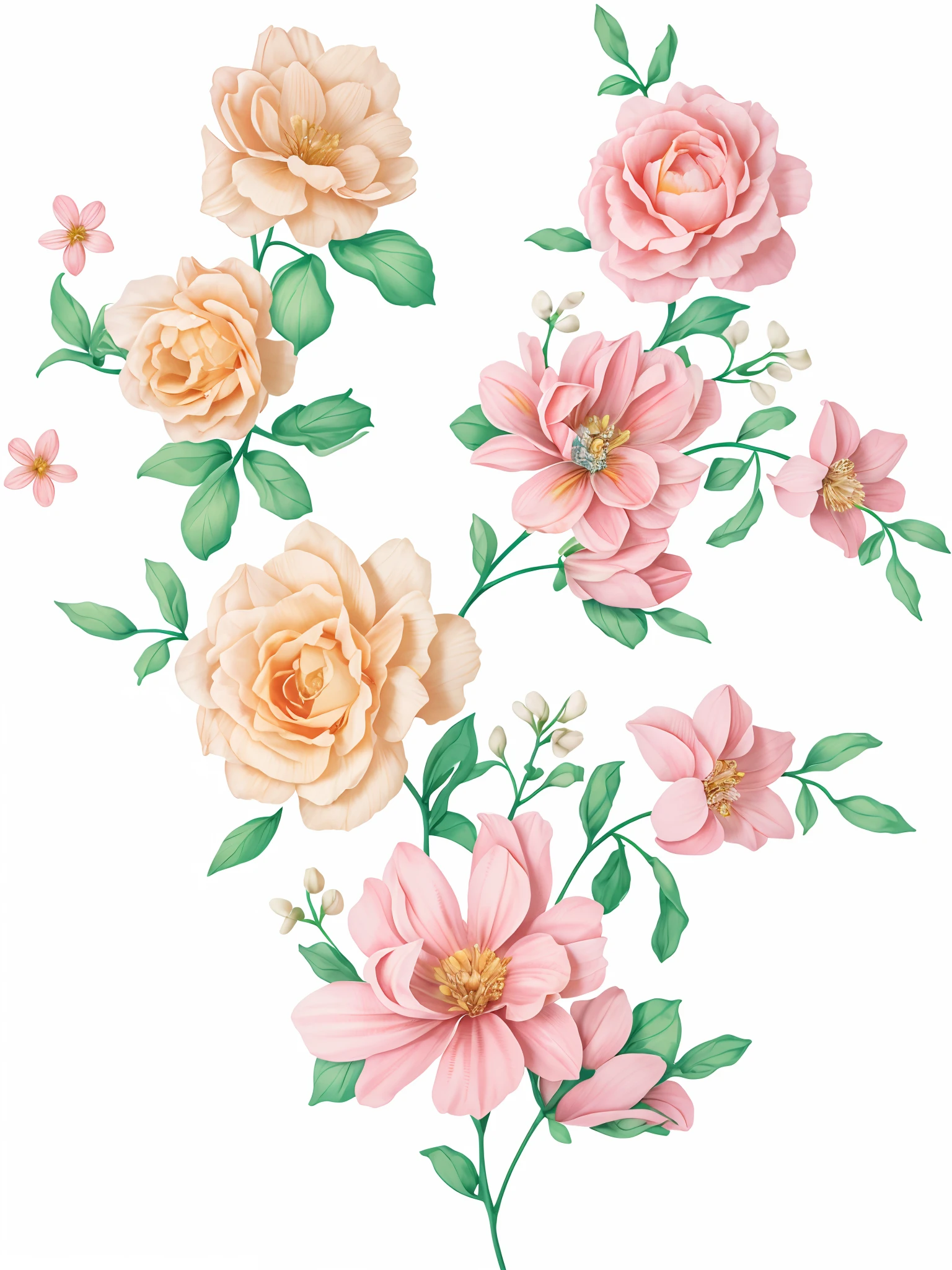 there are many flowers that are on a white background, blooming flowers, flowers and blossoms, elegant flowers, with colored flowers, detailed flowers, floral design, boho floral vines, floral renewal, flower, flower blossoms, flowery, stylized flowers, flowers. baroque elements, ornate flowers, flowers blooming, soft flowers, patchy flowers, pink flowers, floral dream, ornate floral, beautiful flower, (masterpiece 1.2)