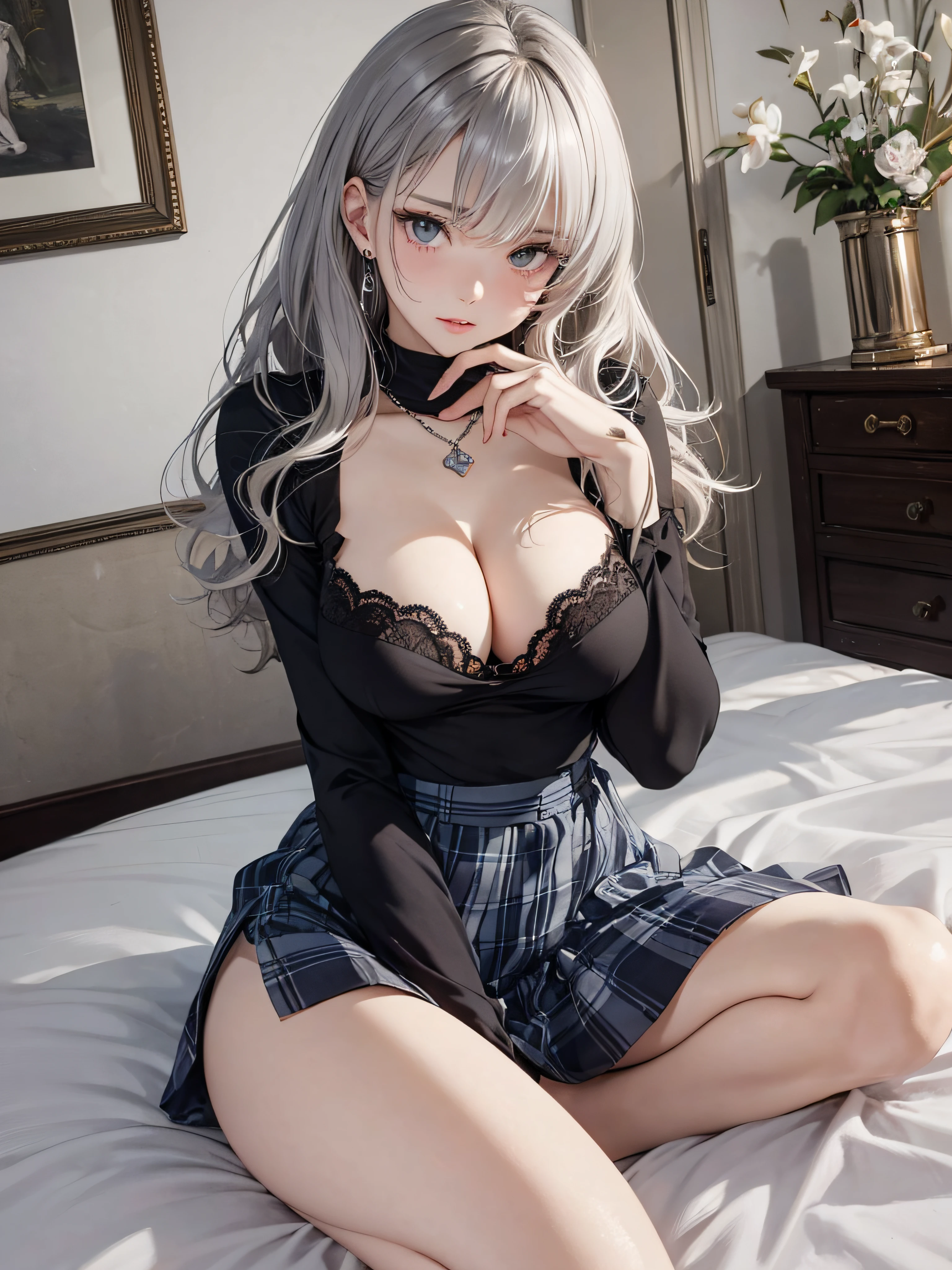 photorealisim、top-quality、超A high resolution、a picture、Exquisitely beautiful photos of Scandinavian-born women、Extraordinary beauty、Highlights of cheek luster、perfectbody、Biologically accurate、Detailed cute and beautiful face、(pureerosface_v1:0.008)、Beautiful bangs、Glowing white shiny skin、Bangs between the eyes、shiny and beautiful hair、Silky hair、finer hair、High-definition eyes、Beautiful, Bright and clear, Big eyes shine charmingly、eye liner、Double eyelids、Full body like、dismay、red blush、embarrassed from、glares、 shiny little necklace and earrings, shiny lips: 1.4, humiliated、impatience、dismay、(Frightened:1.8)、glares、Soft breasts、cleavage of the breast、hiding chest with hands、hide crotch with hands、lift up one's skirt、red blush、embarrassed from、I see underwear、Open knees、open one's legs、Masturbation behavior、Disheveled clothes、Dressing、White blouses、Stockings、Wearing sweat、Neat and clean woman,22 years old, 1 persons、(Dark blue suit: 1.8),(tight skirts:1.8)、Masturbation behavior、sexual excitement、a large amount of white mucus、Wavy Hair, bangs flowing diagonally, Medium Hair,、a blond、White-silver hair、Brown hair、Blue-gray eyes、 In the hotel in the middle of the night, Sit on the bed、