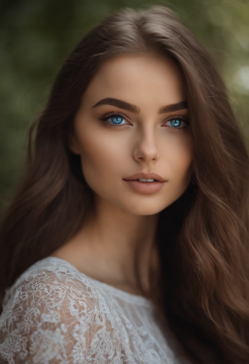Sexy girl with blue eyes, portrait sophie mudd, brown hair and large eyes, selfie of a young woman, Chamber eyes, violet myers, no makeup, natural makeup, looking straight at camera, face with artgram, fine makeup, Excellent full-length photography, cleavage, big breastes