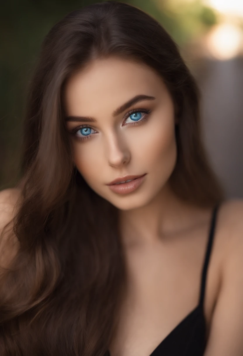 Sexy girl with blue eyes, portrait sophie mudd, brown hair and large eyes, selfie of a young woman, Chamber eyes, violet myers, no makeup, natural makeup, looking straight at camera, face with artgram, fine makeup, Excellent full-length photography, cleavage, big breastes