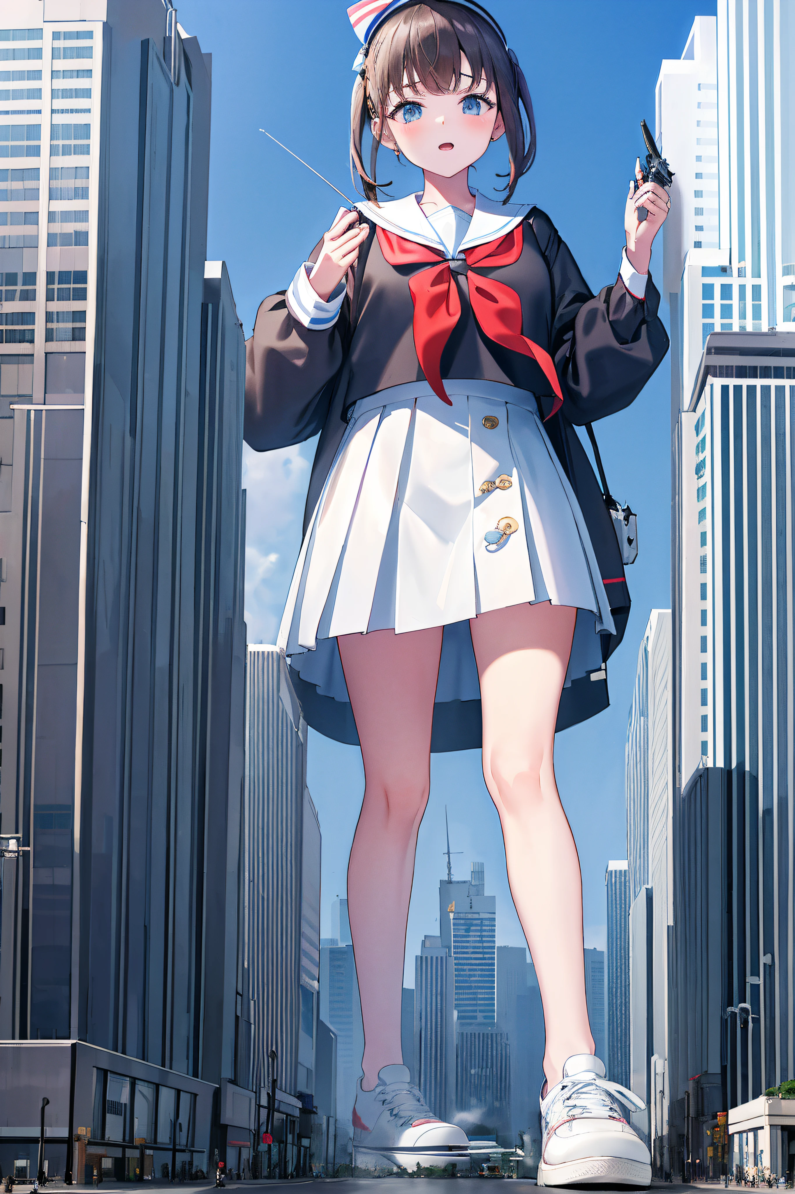 Huge maiden wearing sneakers，A girl taller than a building，a sailor suit，short  skirt,The girl held out her hand，In the palm of your hand is a small model toy airplane，