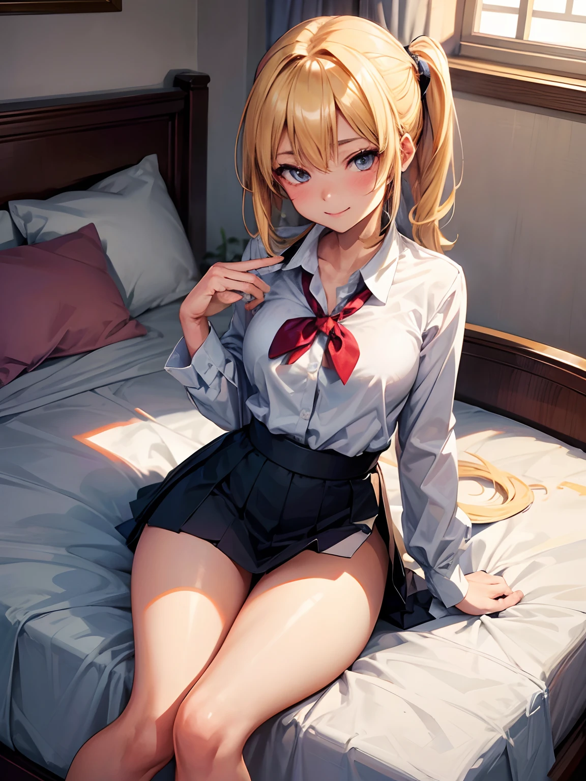 Masterpiece, hiquality ,Dynamic Angle, Cowboy shot, 18yo, 1girl, , solo, Hermione Granger, anime girl ,School White Shirt, wet shirt, Very short skirt, Highly Detailed Beautiful Face and Eyes, Beautiful skin, Wet, blushful,, Perfect anatomical smile, bed room, bright sunlight, thights, wide thighs, Athletic hips, trembling, Sits, armchair, teats