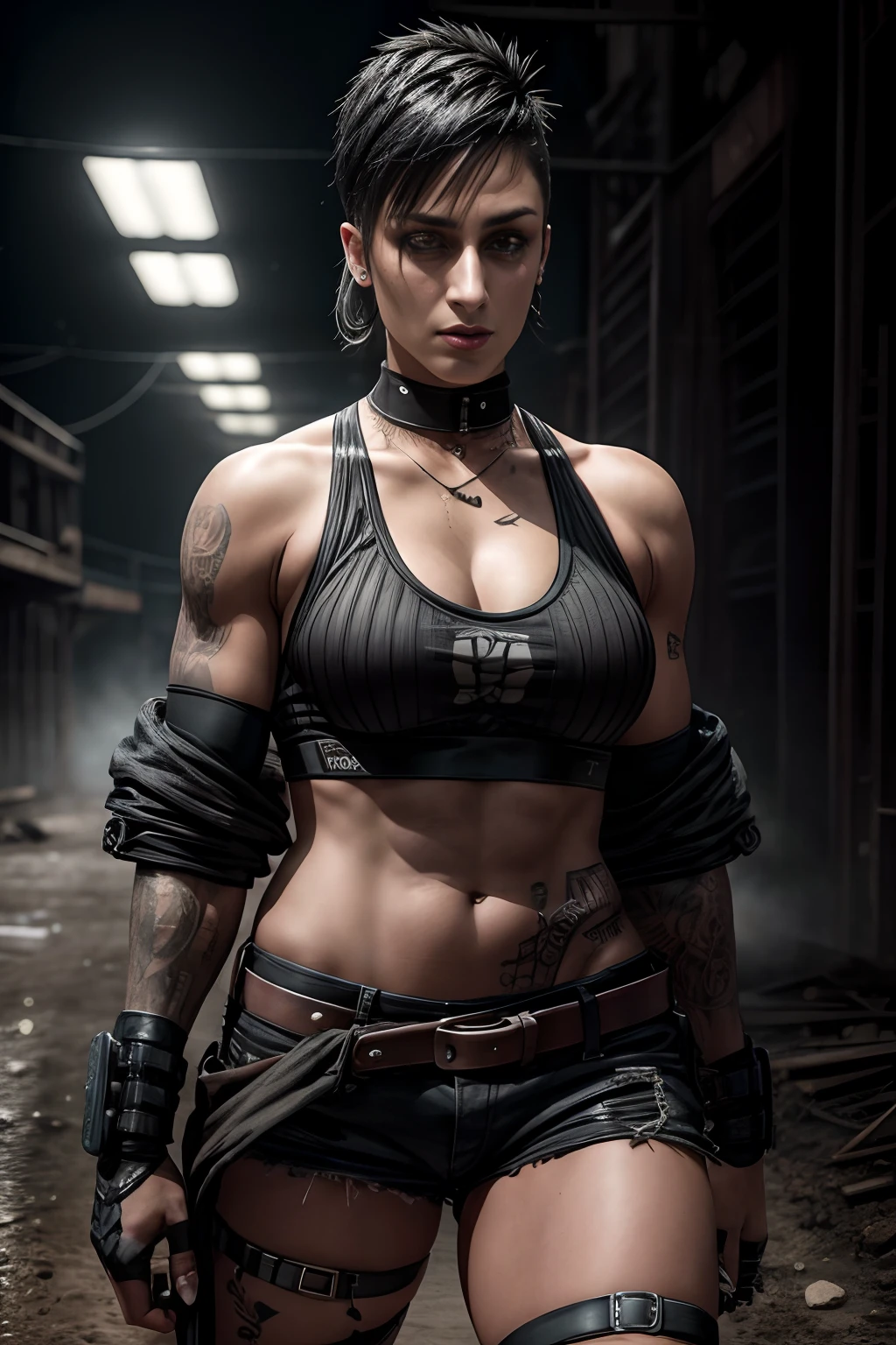 Rhea Ripley WWE champion, black short hair, sidecut, muscular, goth makeup, intense gaze, apocalypic_fashion