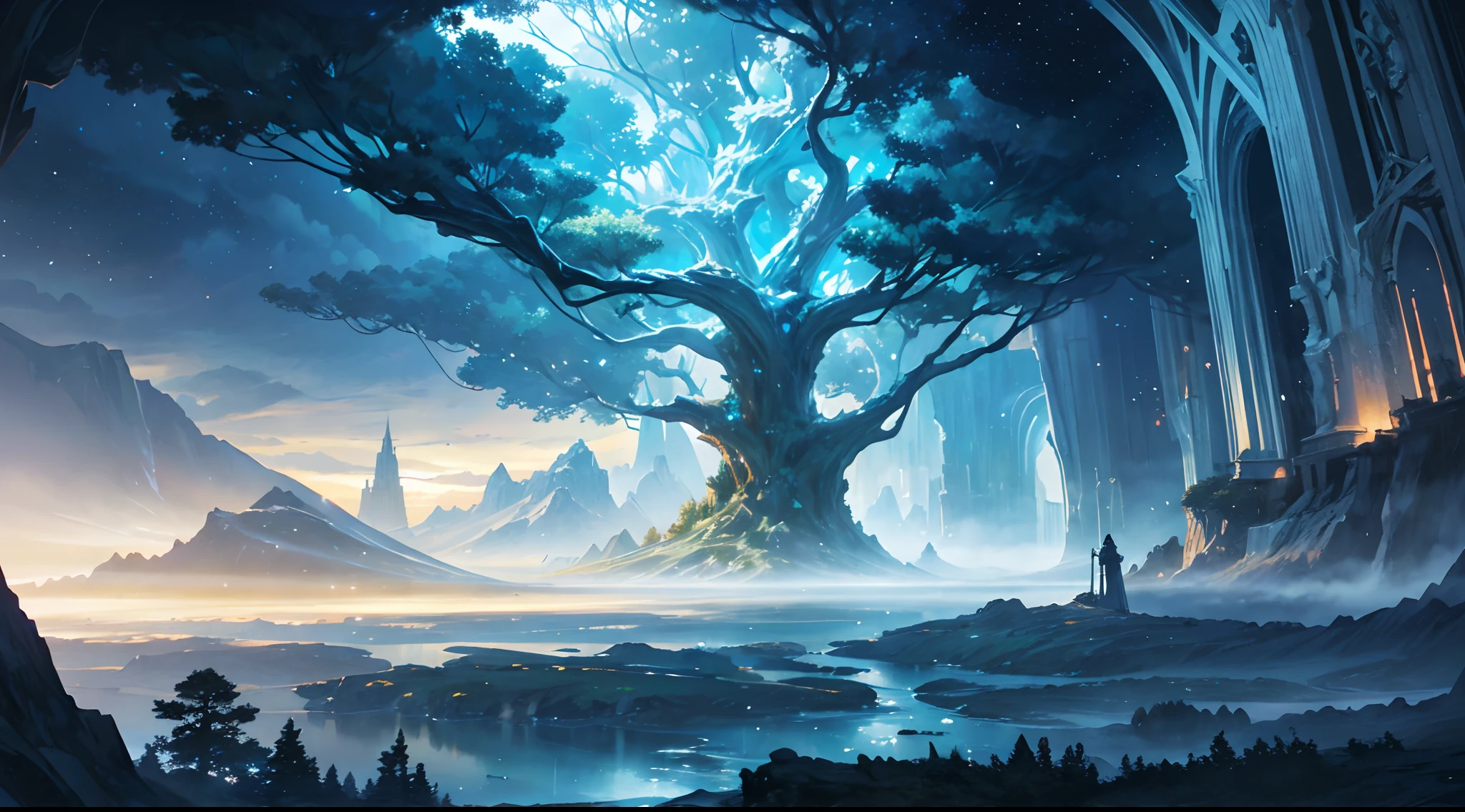 Illustration of a hyperrealistic , otherworldly, ultrasky scene featuring a giant crystal tree full body,very detailed and magical lighting, intricate forest details, vegetation and river around, solarpunk ,landscape, giant tree, beatifull leafy with beautiful lighting and realistic proportions, as if it were a cinematic background, 8k, highest quality, masterpiece, clouds and stars in the sky.