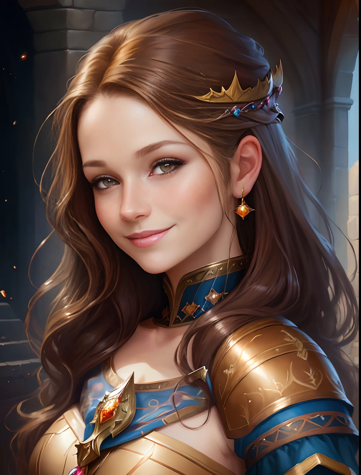 a brunette caramel hair smiling woman, fantasy art portrait, beautiful fantasy art portrait, realistic fantasy painting, beautiful character painting, fantasy portrait art, fantasy portrait, epic fantasy art portrait, beautiful fantasy portrait, fantasy concept art portrait, fantasy genre portrait, hyperrealistic fantasy art, detailed matte fantasy portrait, realistic fantasy artwork, realistic cute girl painting