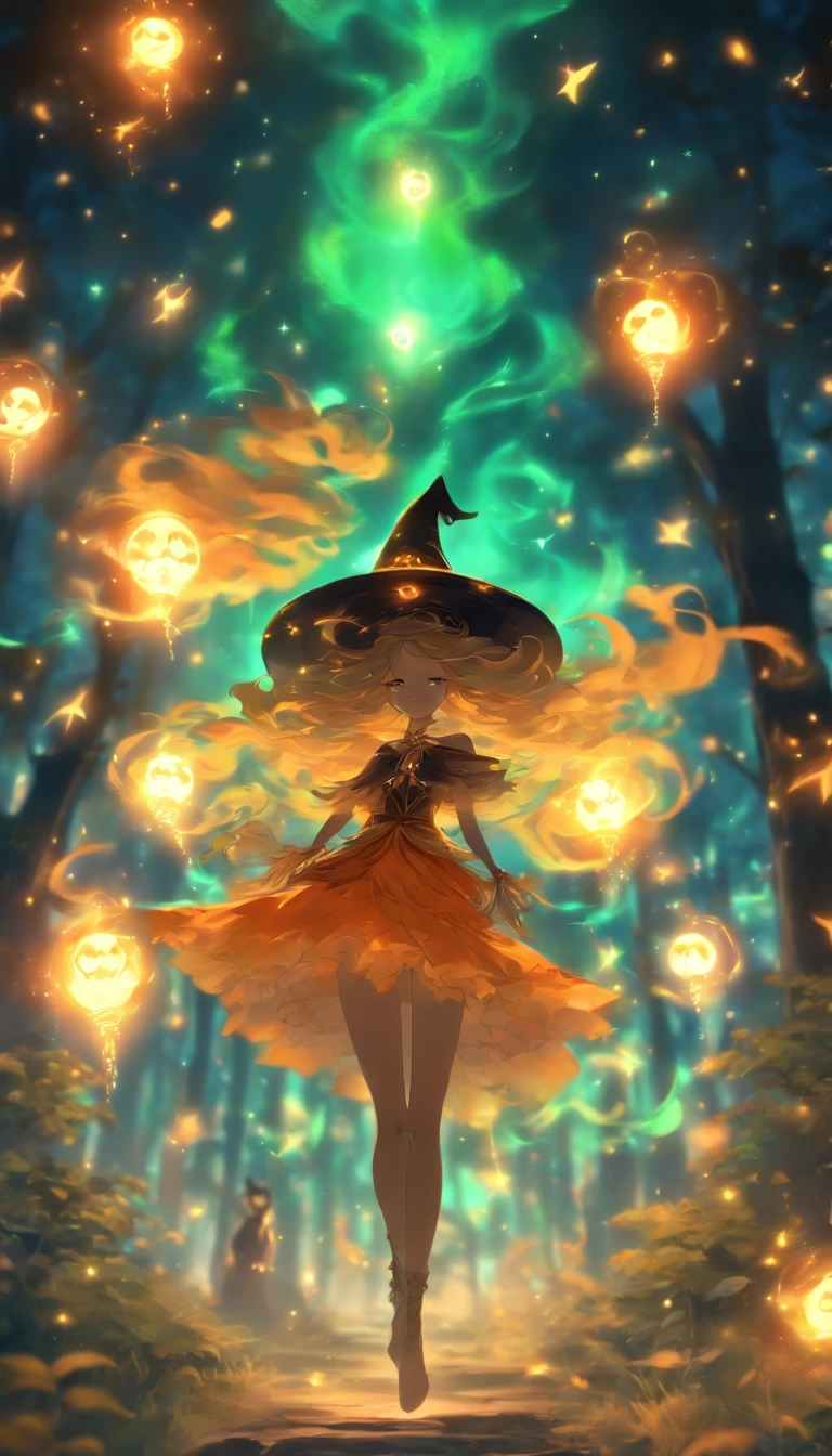 (Best Quality,4K,hight resolution),(Realistic:1.37),Witch casting orange glowing spell,Moonlight,magical fantasy forest,sparkling stars,Tree of Shadows,enchanting atmosphere,Sparkling fireflies,Mystical Orb,The witch's cloak fluttering in the wind,Ancient runic spellbooks,Cauldron emitting colorful smoke,Moonlit clearing,Whispering wind,ethereal glow,Enchanting spells,Ominous Moon,Enchanted creatures,witch's hat,atmosphere of night,glowing potions,Bewitching rituals,Fascinating flora and fauna,Otherworldly energy,Moonlit beam,The magic of crackling,Esoteric symbols,Dancing Shadows,captivating glow,Witch's Wand,Mythical existence,Deep mystical aura,Glowing eyes,Starry sky,Silence at night,Moonlit path,Seductive enchantment