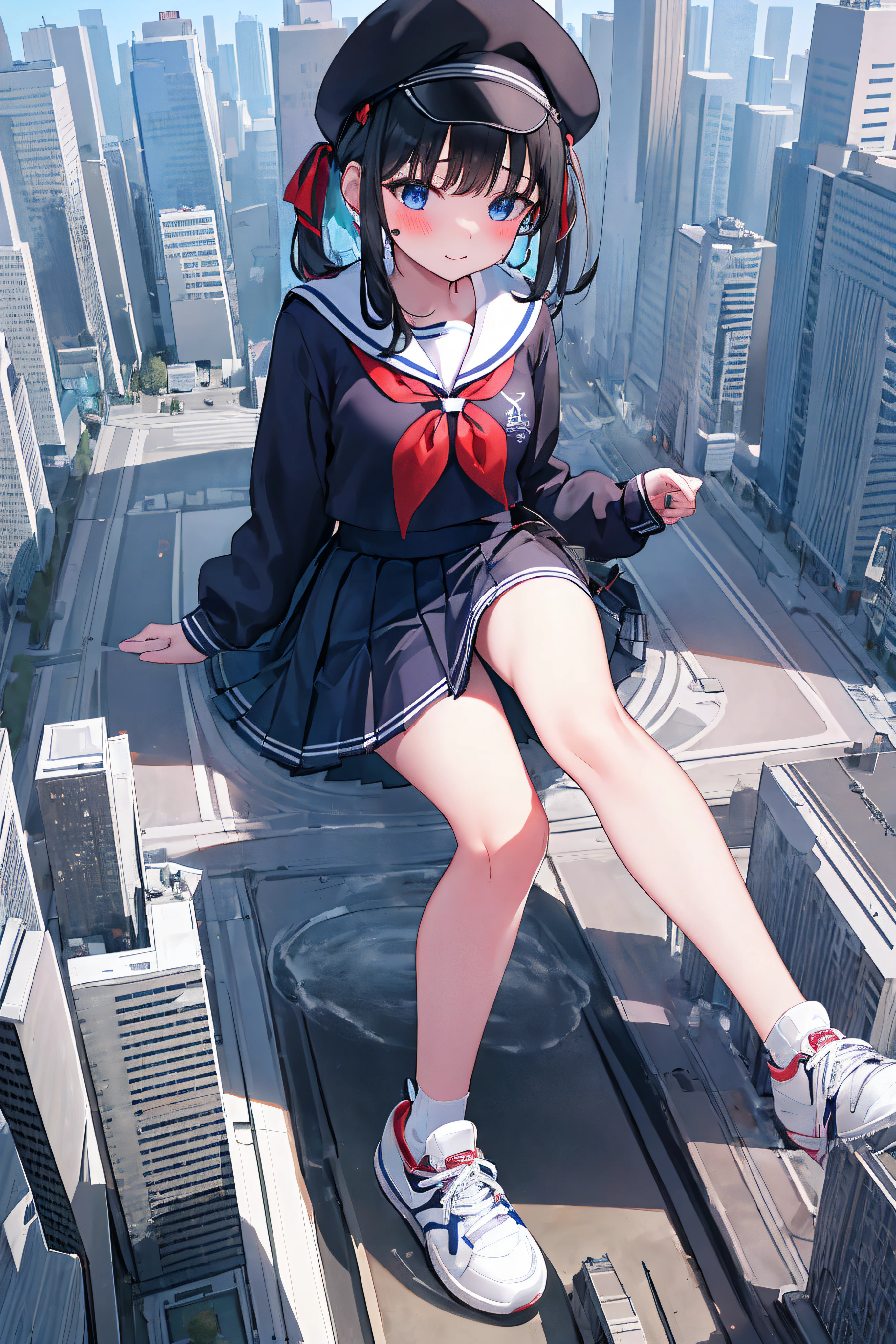 The girl puts a miniature high-rise model toy under her skirt，short  skirt，a sailor suit，whitestocking，athletic sneakers，Be red in the face