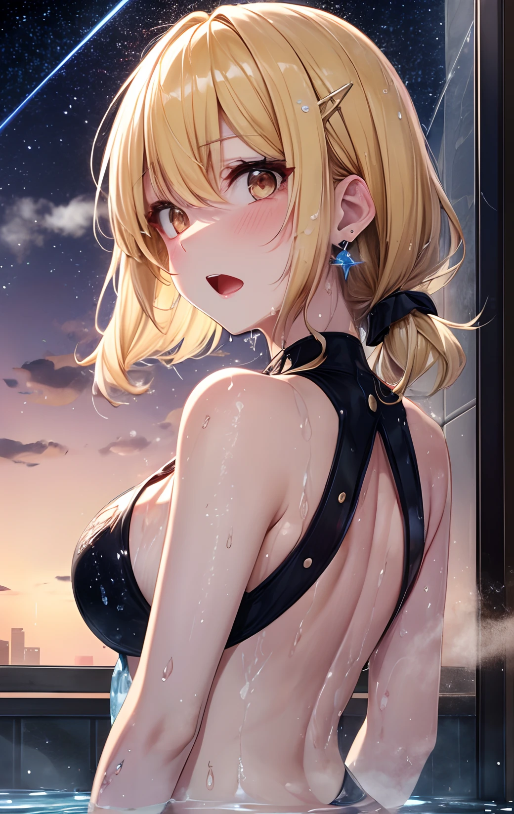 absurderes, ultra-detailliert,bright colour, extremely beautiful detailed anime face and eyes,Indoors, (Building and starry sky seen from the window:1.2),(Pleasant face:1.4), bow ribbon, window,浴室、(Wash your body in a large shower:1.3),(Plenty of shower water:1.5),(a large amount of water droplets:1.4),(Hide your chest with a lot of steam1.3),blur,(closing eye:1.3),(Opening Mouth:1.3),barechested、(from the rear:1.2), feet outside the frame, depth of fields, 25 years old,Short hair, , asymmetrical bangs, Blonde hair with short twin tails, Shiny hair, Delicate beautiful face, red blush、White skin, hair clips, earrings, nighttime scene