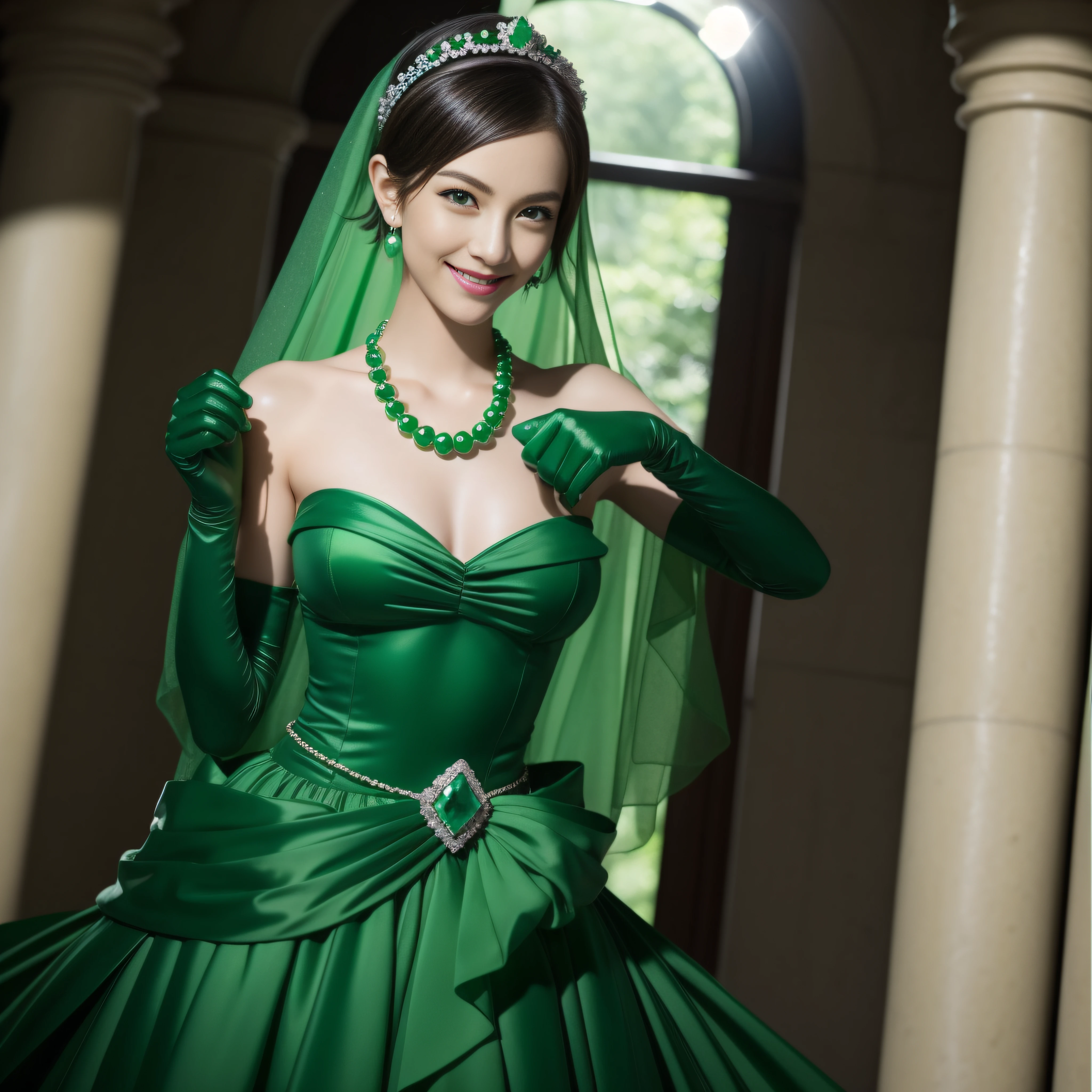 emerald tiara, Green Pearl Necklace, Boyish very short green hair, lipsticks, Japan woman smiling, very short short hair, fist, big breasts beautiful, Green eyes, Long green gloves made of satin material, Green eyes, Emerald Earrings