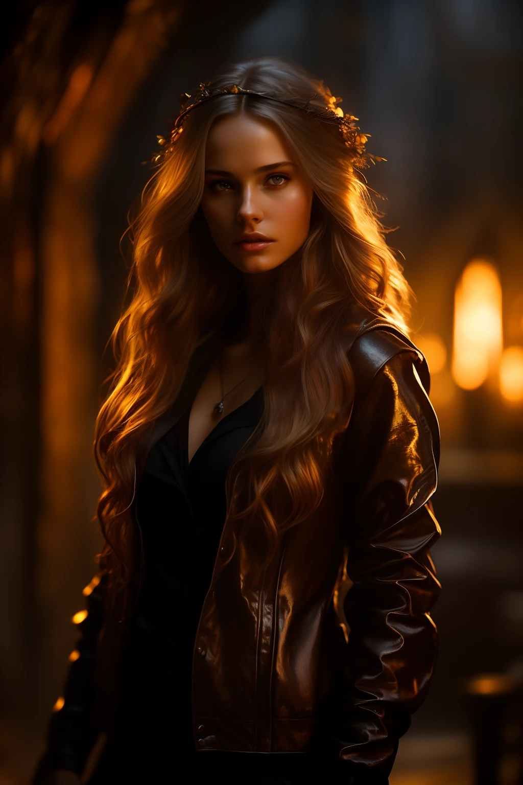 cozy, close-up photo of a woman in a dark room of castle, brown-haired female fantasy, elven girl, (unbuttoned jacket, skinny fit body:1.2), female creative character, rich girl, stunning character art, epic fantasy character art, dnd, lord of the rings, solo female character, beautiful princess, dark princess, heroes of might and magic, cinematic lightning, rim light, wojtek fus, eve ventrue