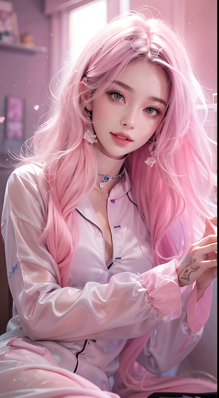1girll,(Captivating quality:1.4),(True textured skins of the highest quality), Delicate face,Pink twin-tailed hair, Gradient Hair, (perfect bodies:1.1),Heart-shaped choker、long eyelasher,grin, hyperphotorealism, Cinematic lighting, projected inset, surrealism, hyper HD, masutepiece,Dream On,Please wear clear silk pajamas,Carmelto,tattooed,Fantasy space,Luxurious space